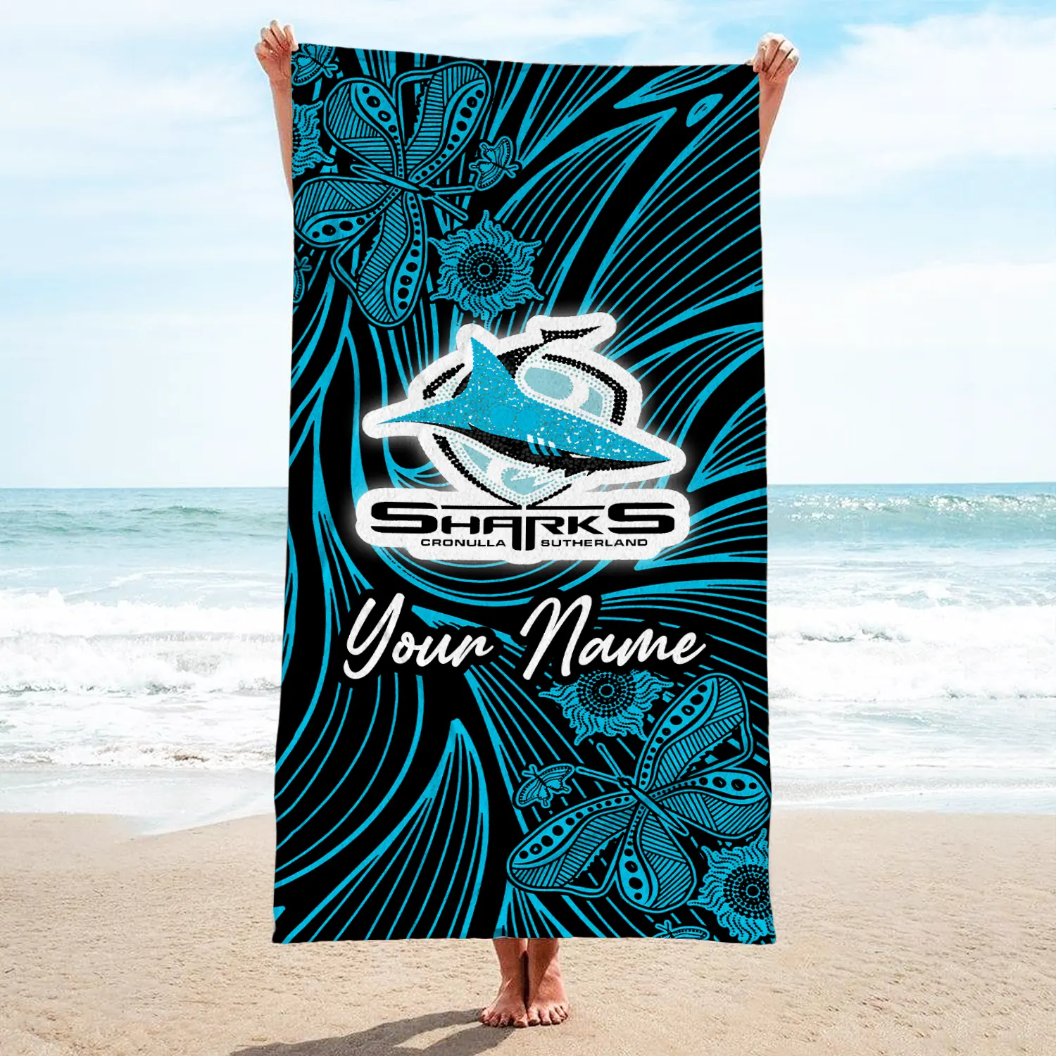 Auspiritmerch Cronulla-Sutherland Sharks Personalized Pool Travel Beach and Bath Towels for Kids and Adult