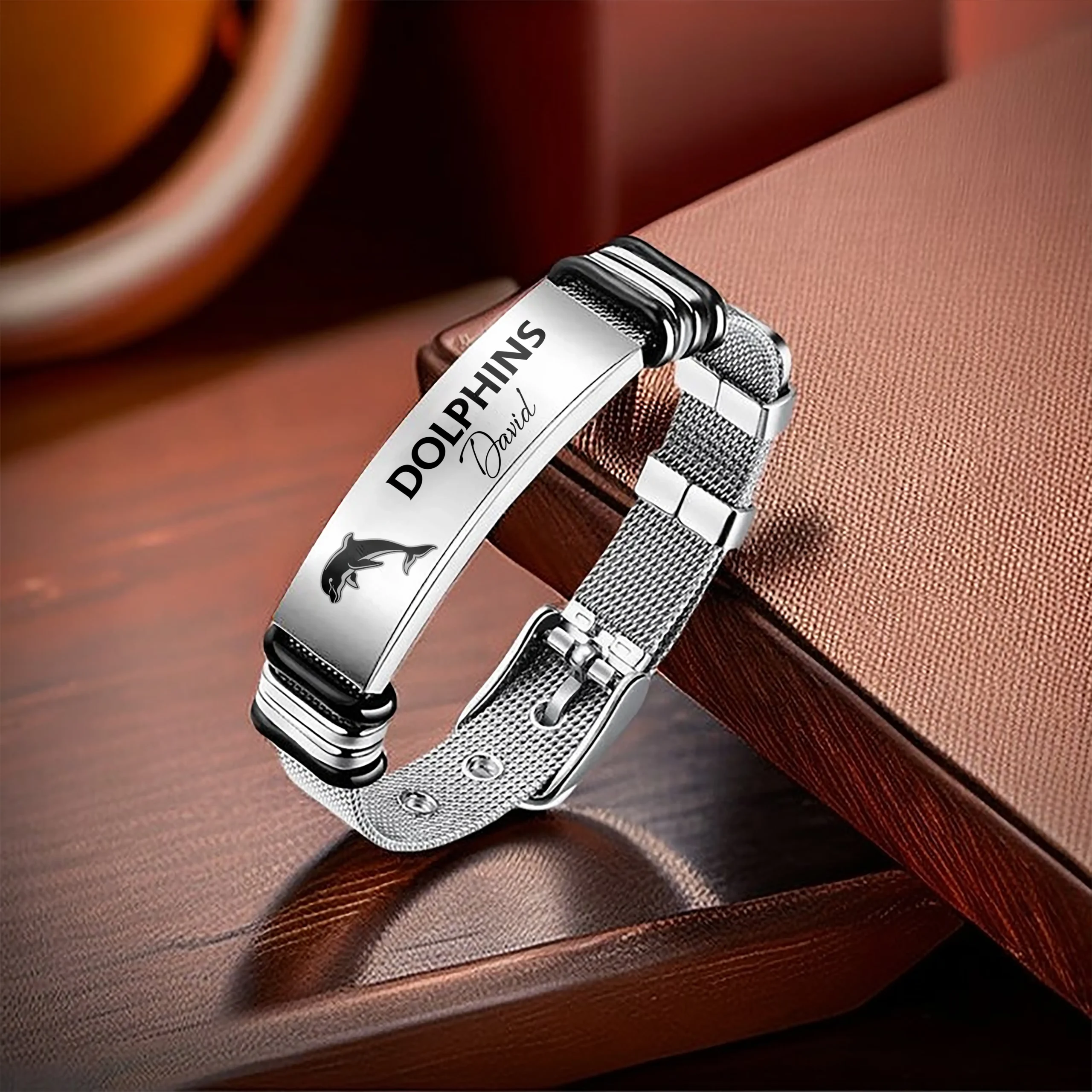 Auspiritmerch Dolphins Personalized Men's Metal Bracelet Gift For Fans