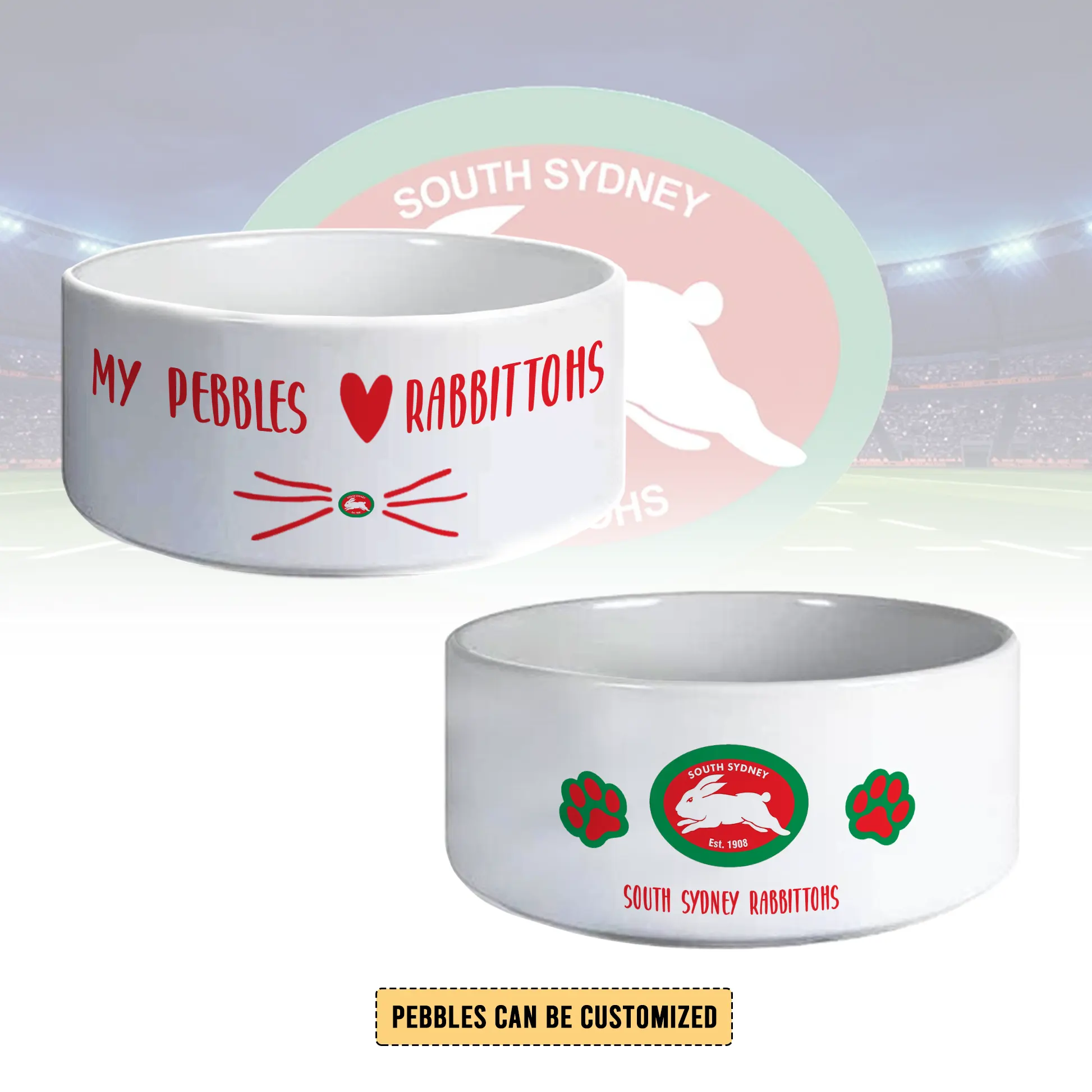 Auspiritmerch South Sydney Rabbitohs Personalized Ceramic Pet Bowl Gift For Fans