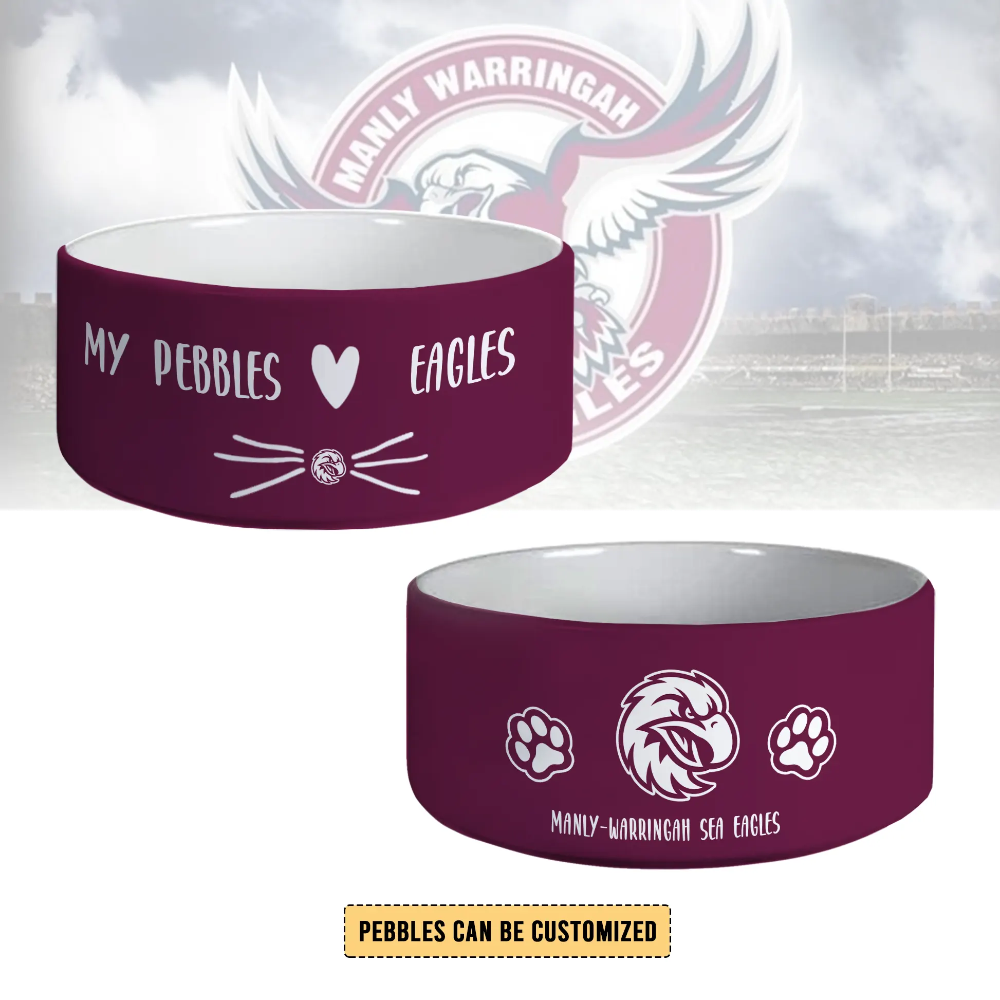 Auspiritmerch Manly Warringah Sea Eagles Personalized Ceramic Pet Bowl Gift For Fans