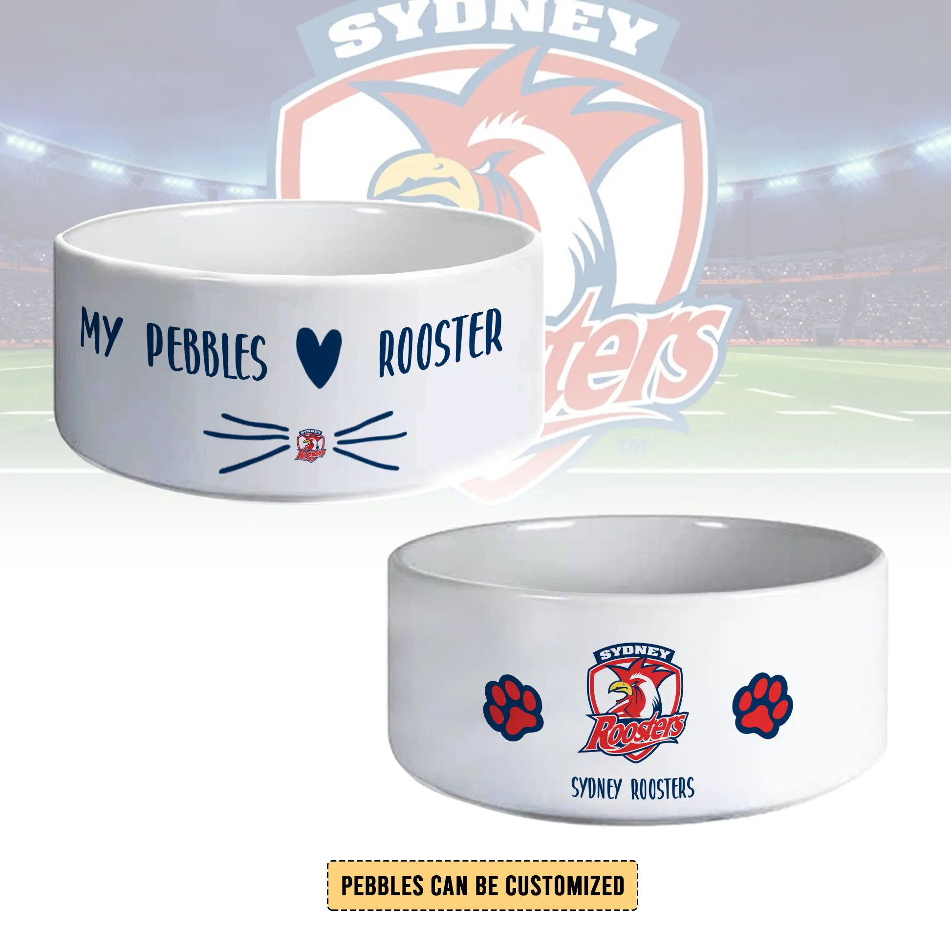 Auspiritmerch Sydney Roosters Personalized Ceramic Pet Bowl Gift For Fans