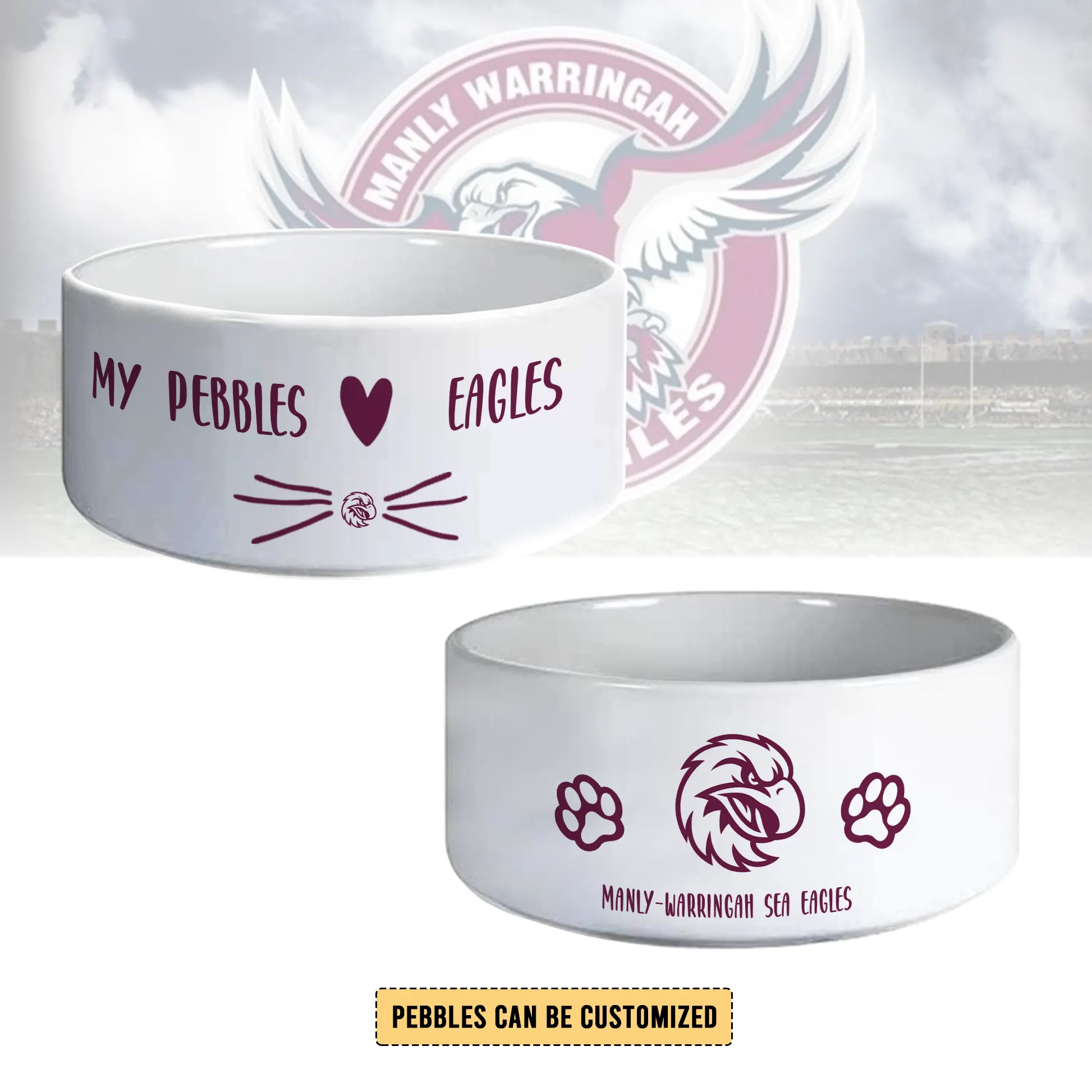 Auspiritmerch Manly Warringah Sea Eagles Personalized Ceramic Pet Bowl Gift For Fans