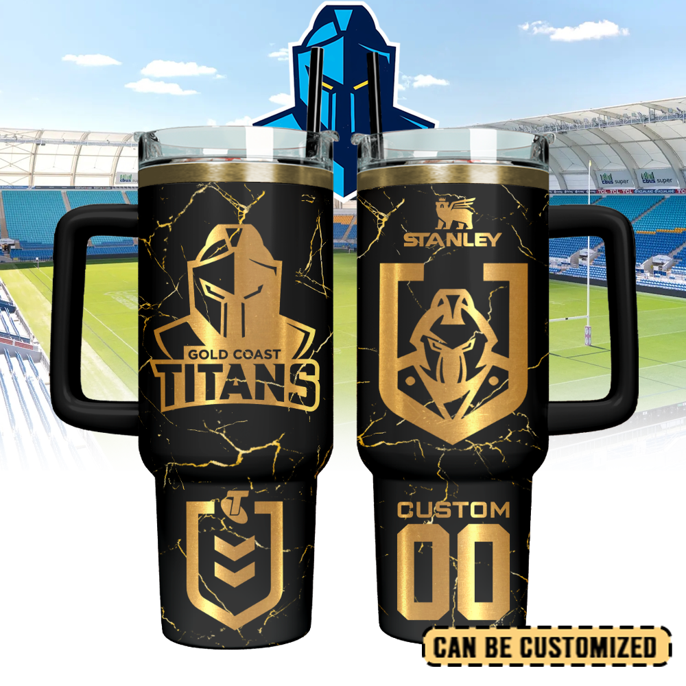 Auspiritmerch Gold Coast Titans Custom Stanley Quencher 40oz Stainless Steel Tumbler With Handle