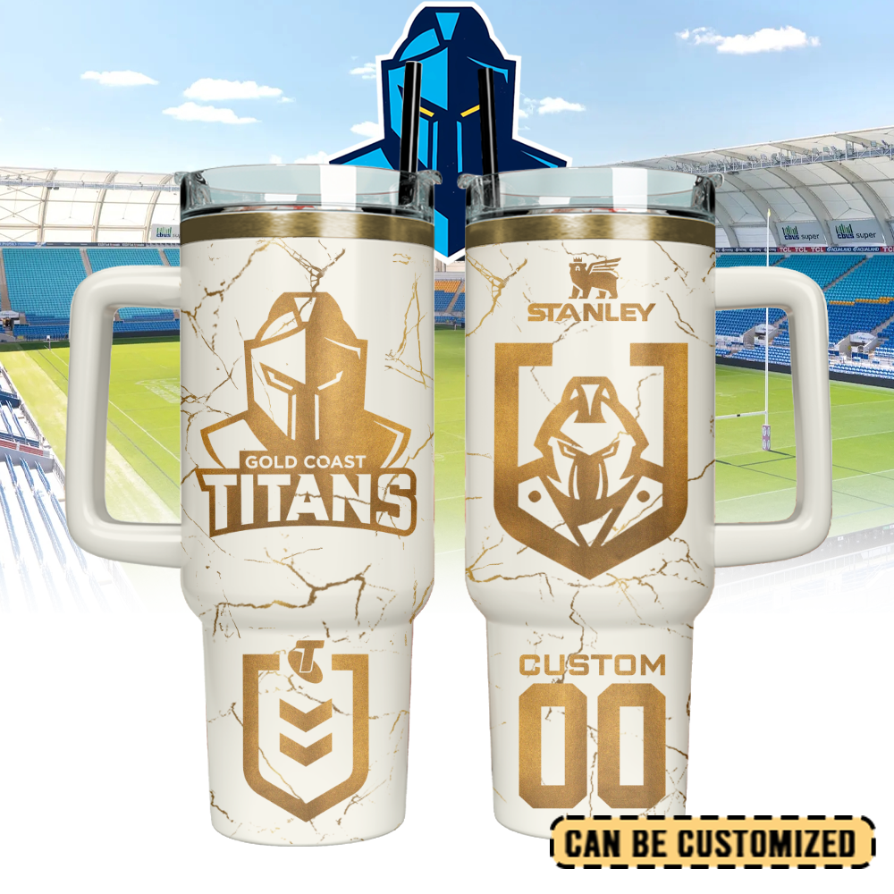 Auspiritmerch Gold Coast Titans Custom Stanley Quencher 40oz Stainless Steel Tumbler With Handle - Style2