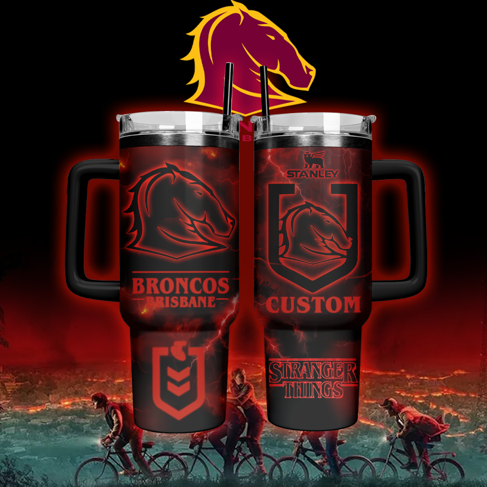 Auspiritmerch Brisbane Broncos x Stranger Things Custom Stanley Quencher 40oz Stainless Steel Tumbler With Handle
