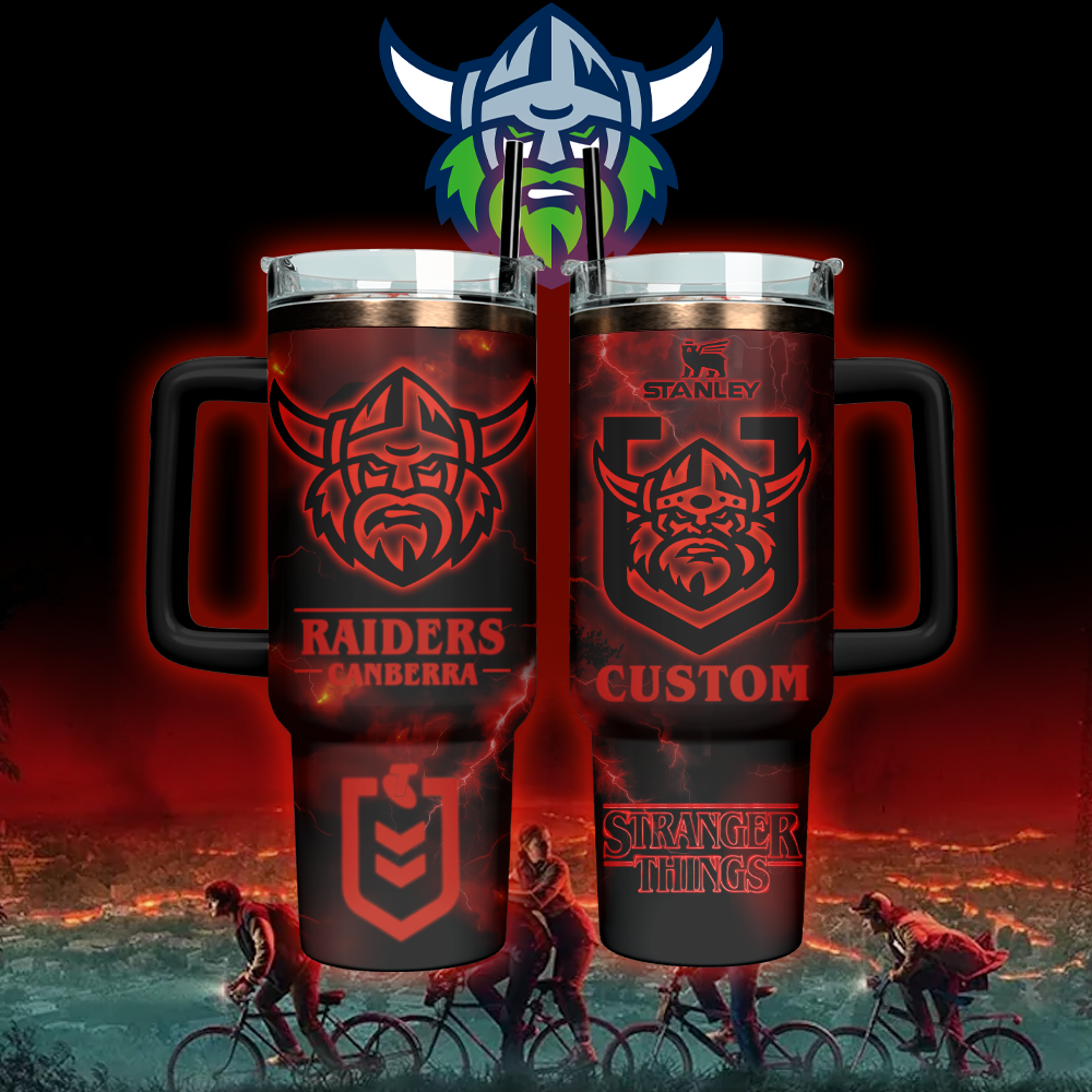 Auspiritmerch Canberra Raiders x Stranger Things Custom Stanley Quencher 40oz Stainless Steel Tumbler With Handle