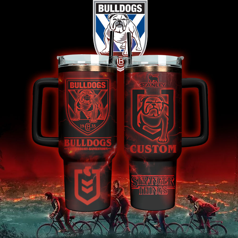 Auspiritmerch Canterbury-Bankstown Bulldogs x Stranger Things Custom Stanley Quencher 40oz Stainless Steel Tumbler With Handle