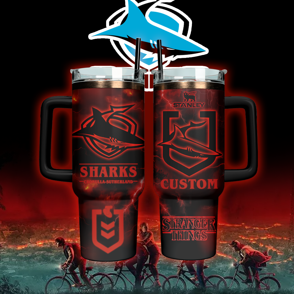 Auspiritmerch Cronulla-Sutherland Sharks x Stranger Things Custom Stanley Quencher 40oz Stainless Steel Tumbler With Handle