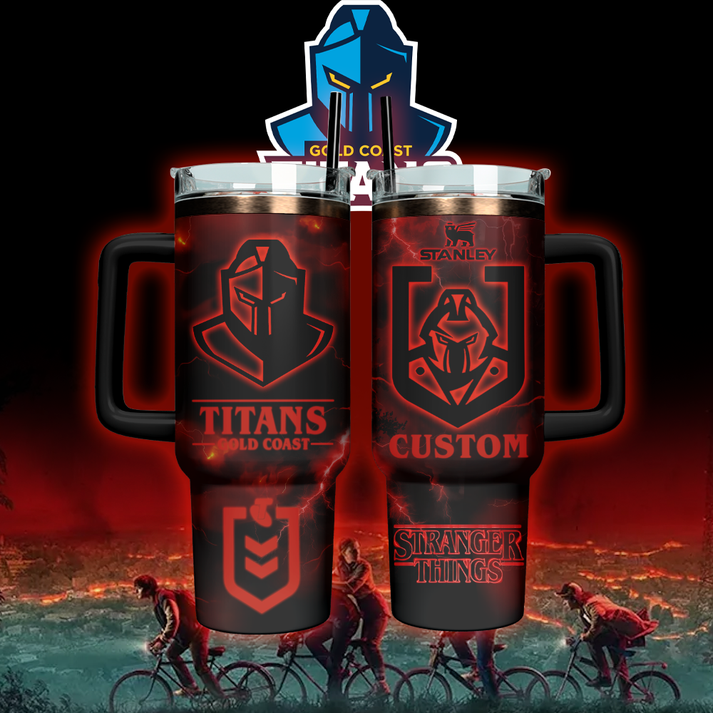 Auspiritmerch Gold Coast Titans x Stranger Things Custom Stanley Quencher 40oz Stainless Steel Tumbler With Handle