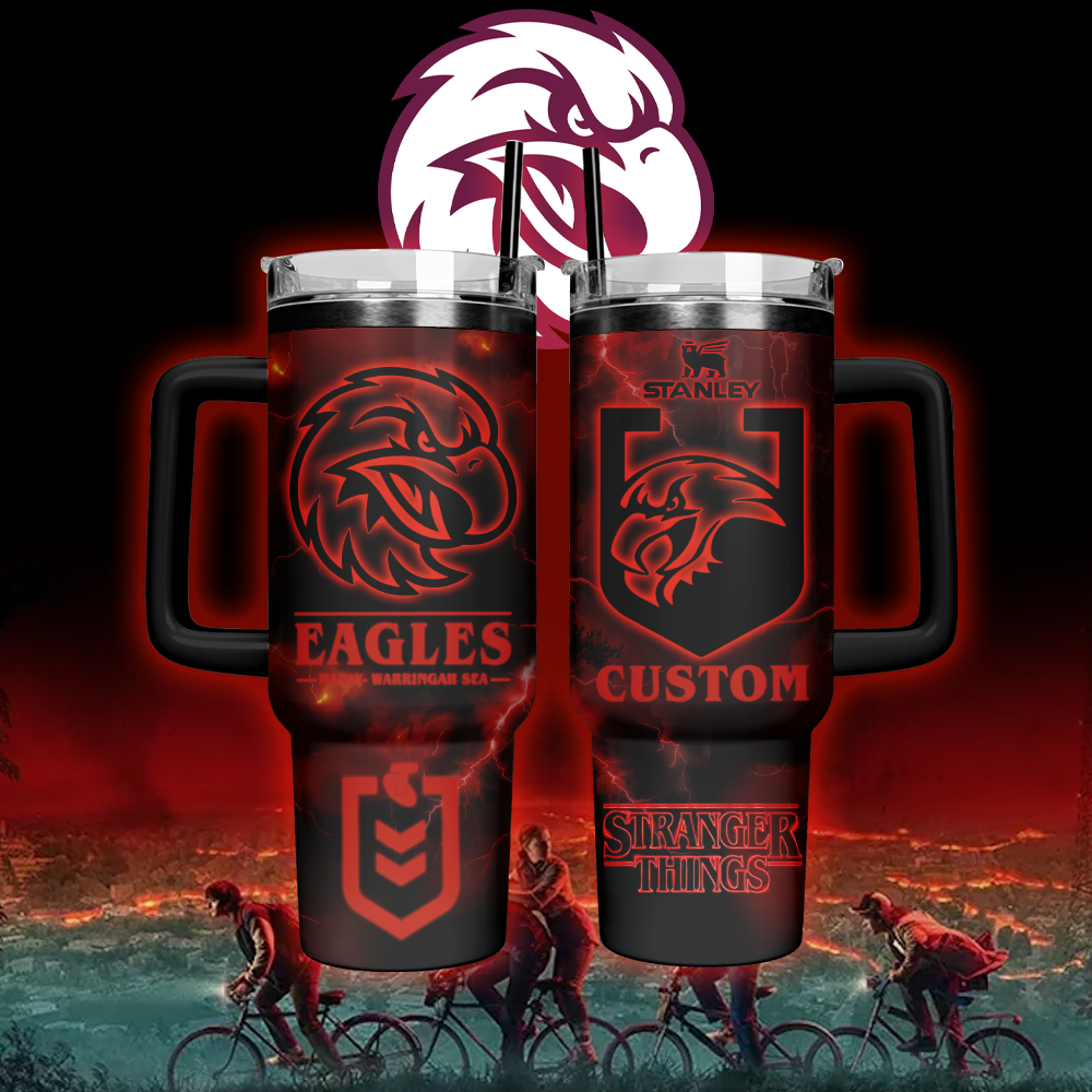 Auspiritmerch Manly Warringah Sea Eagles x Stranger Things Custom Stanley Quencher 40oz Stainless Steel Tumbler With Handle