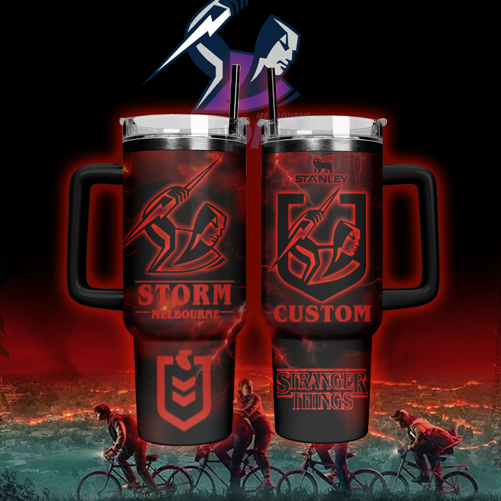 Auspiritmerch Melbourne Storm x Stranger Things Custom Stanley Quencher 40oz Stainless Steel Tumbler With Handle