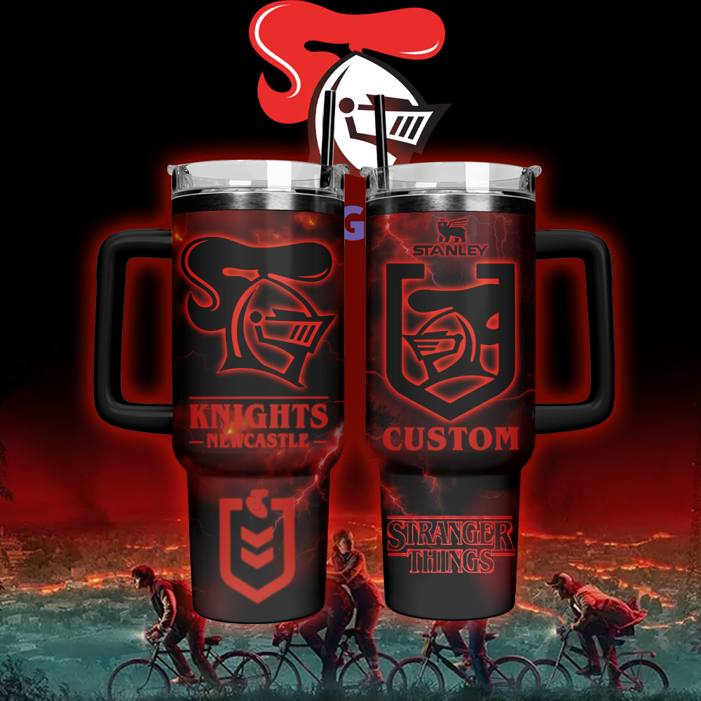 Auspiritmerch Newcastle Knights x Stranger Things Custom Stanley Quencher 40oz Stainless Steel Tumbler With Handle