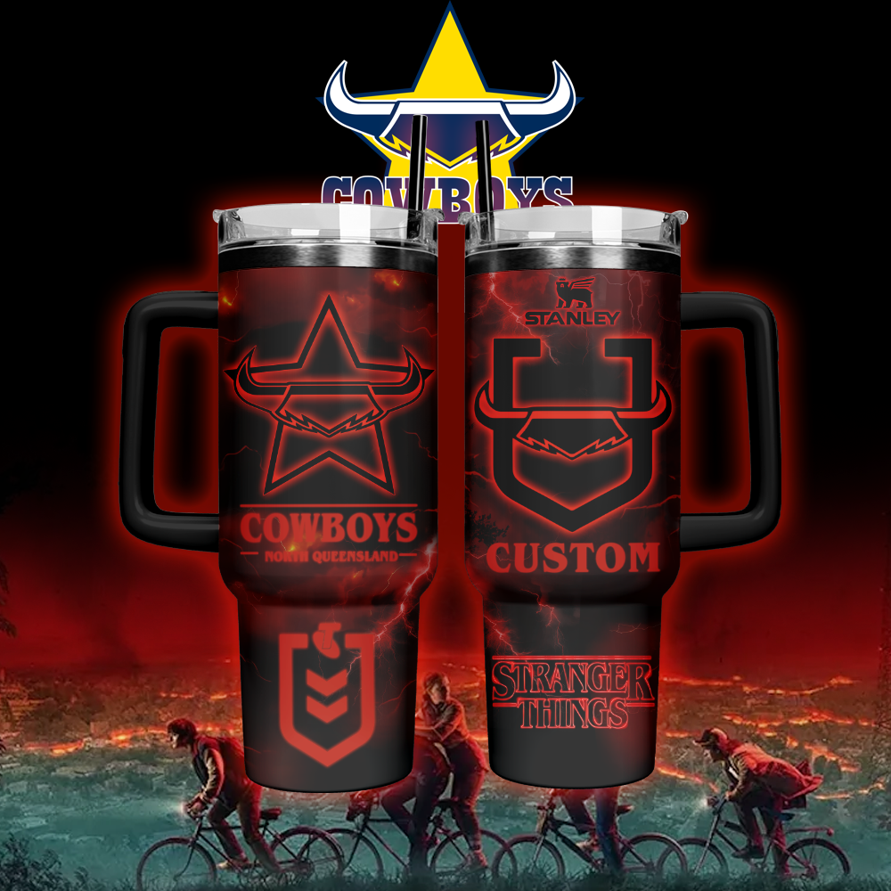 Auspiritmerch North Queensland Cowboys x Stranger Things Custom Stanley Quencher 40oz Stainless Steel Tumbler With Handle