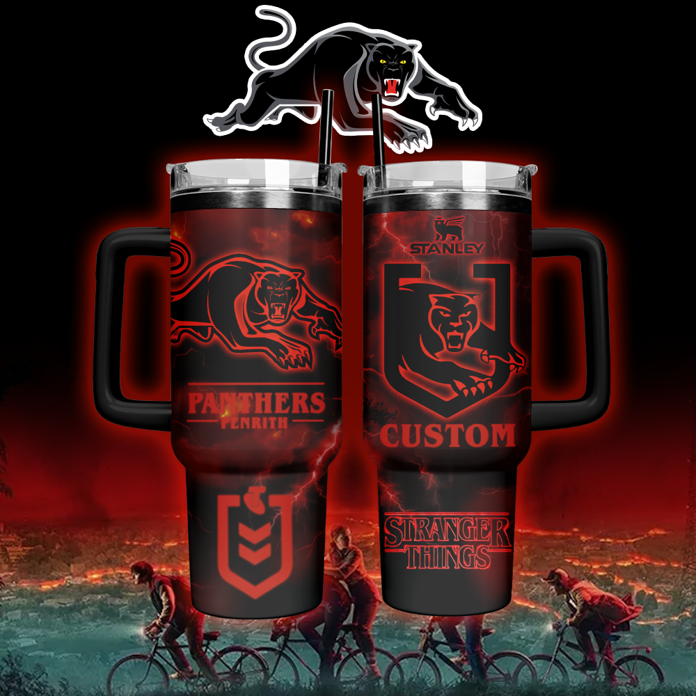 Auspiritmerch Penrith Panthers x Stranger Things Custom Stanley Quencher 40oz Stainless Steel Tumbler With Handle