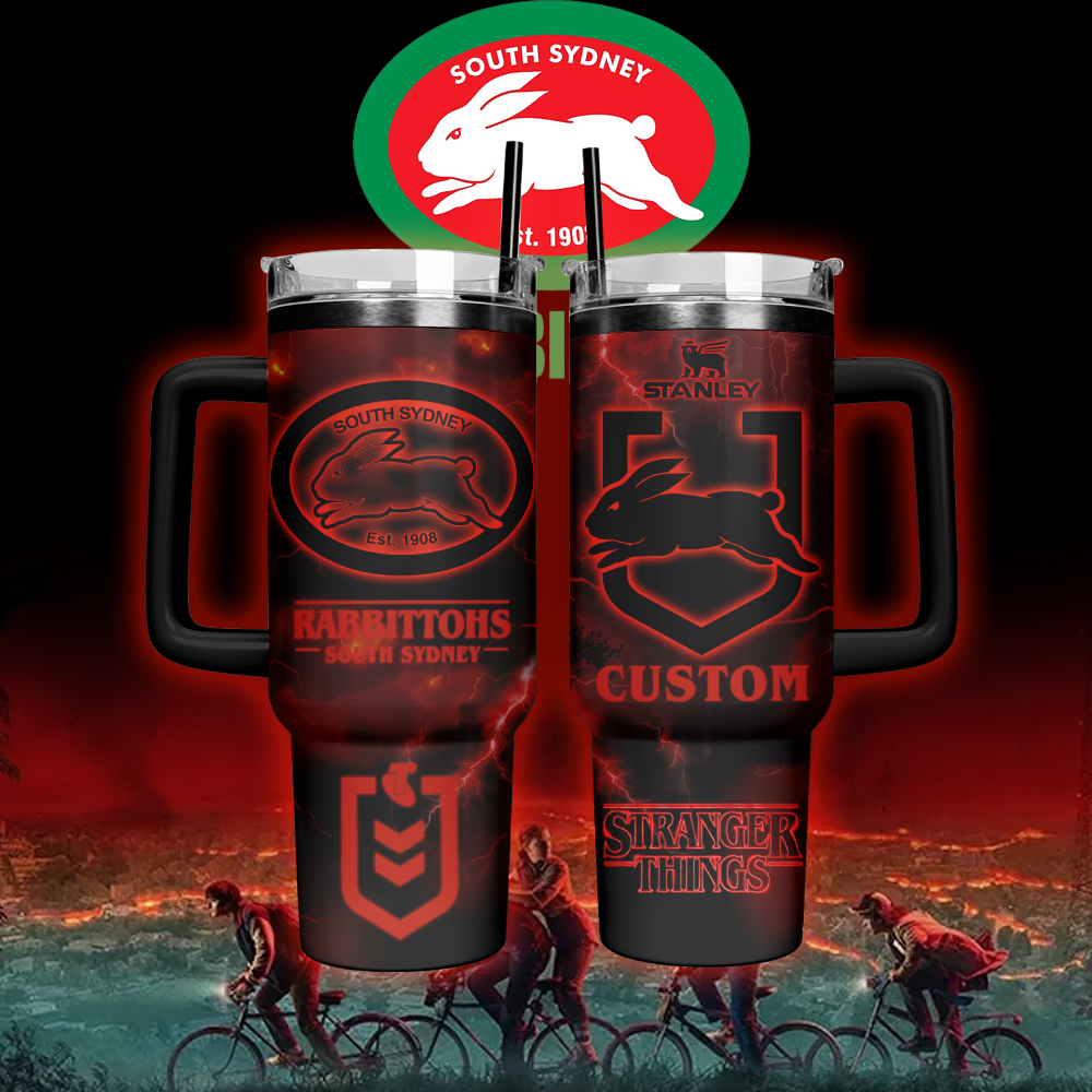 Auspiritmerch South Sydney Rabbitohs x Stranger Things Custom Stanley Quencher 40oz Stainless Steel Tumbler With Handle