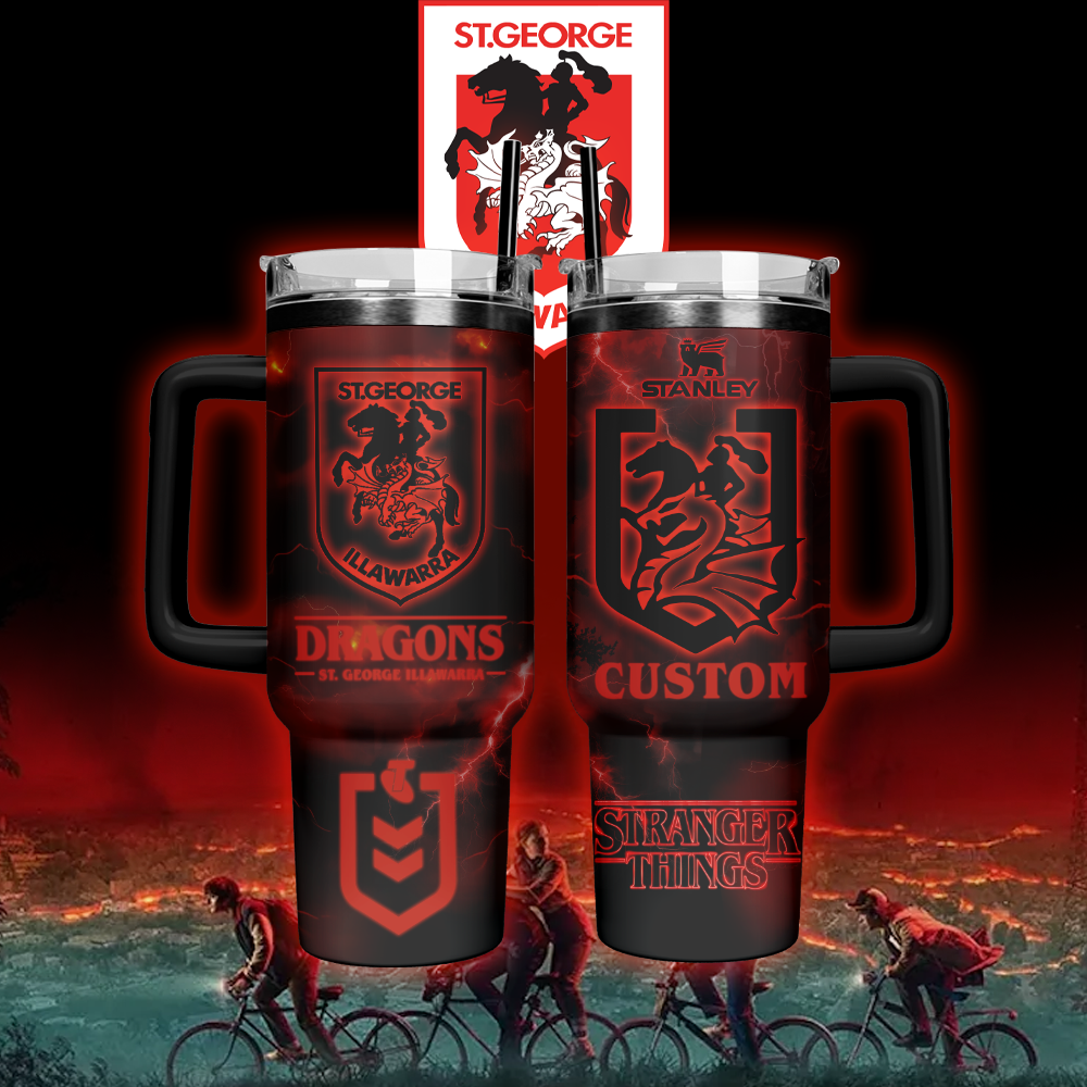 Auspiritmerch St. George Illawarra Dragons x Stranger Things Custom Stanley Quencher 40oz Stainless Steel Tumbler With Handle