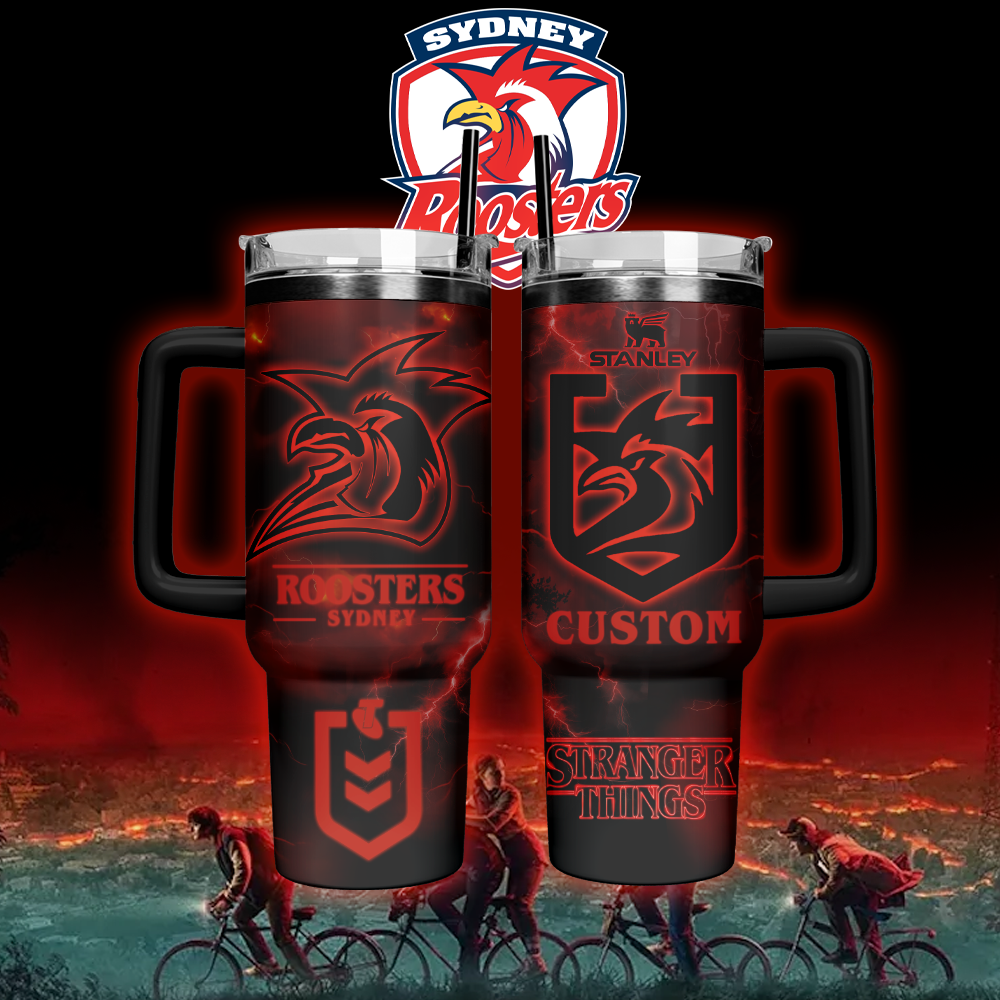 Auspiritmerch Sydney Roosters x Stranger Things Custom Stanley Quencher 40oz Stainless Steel Tumbler With Handle