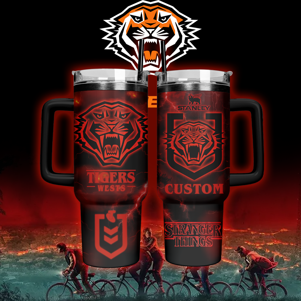 Auspiritmerch Wests Tigers x Stranger Things Custom Stanley Quencher 40oz Stainless Steel Tumbler With Handle