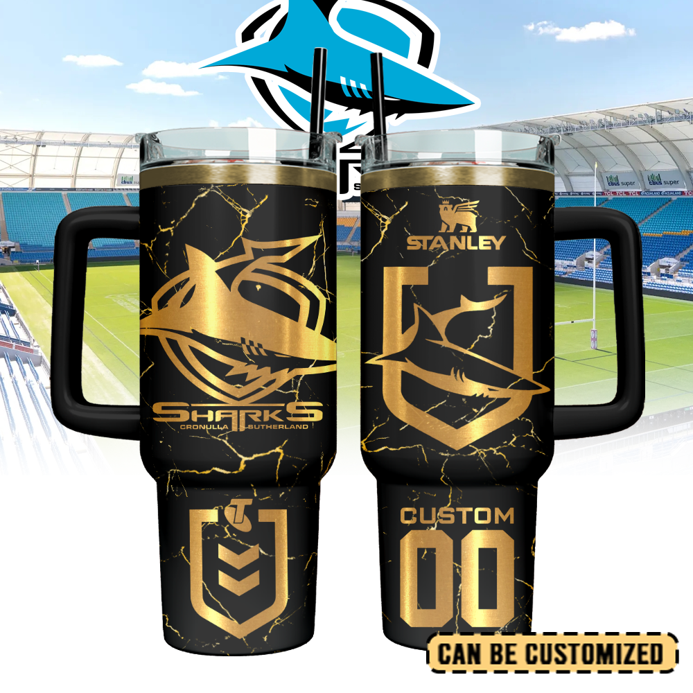 Auspiritmerch Cronulla-Sutherland Sharks Custom Stanley Quencher 40oz Stainless Steel Tumbler With Handle