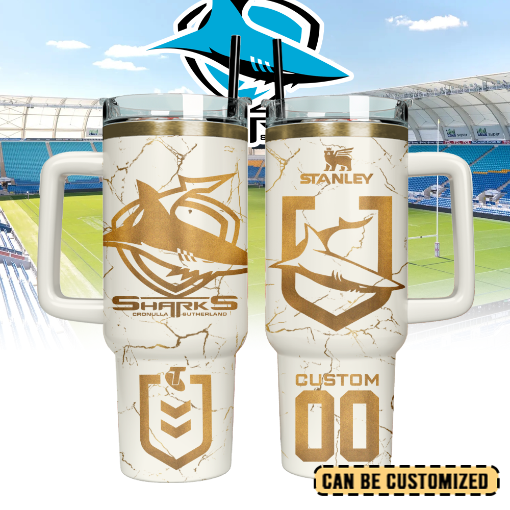 Auspiritmerch Cronulla-Sutherland Sharks Custom Stanley Quencher 40oz Stainless Steel Tumbler With Handle - Style2