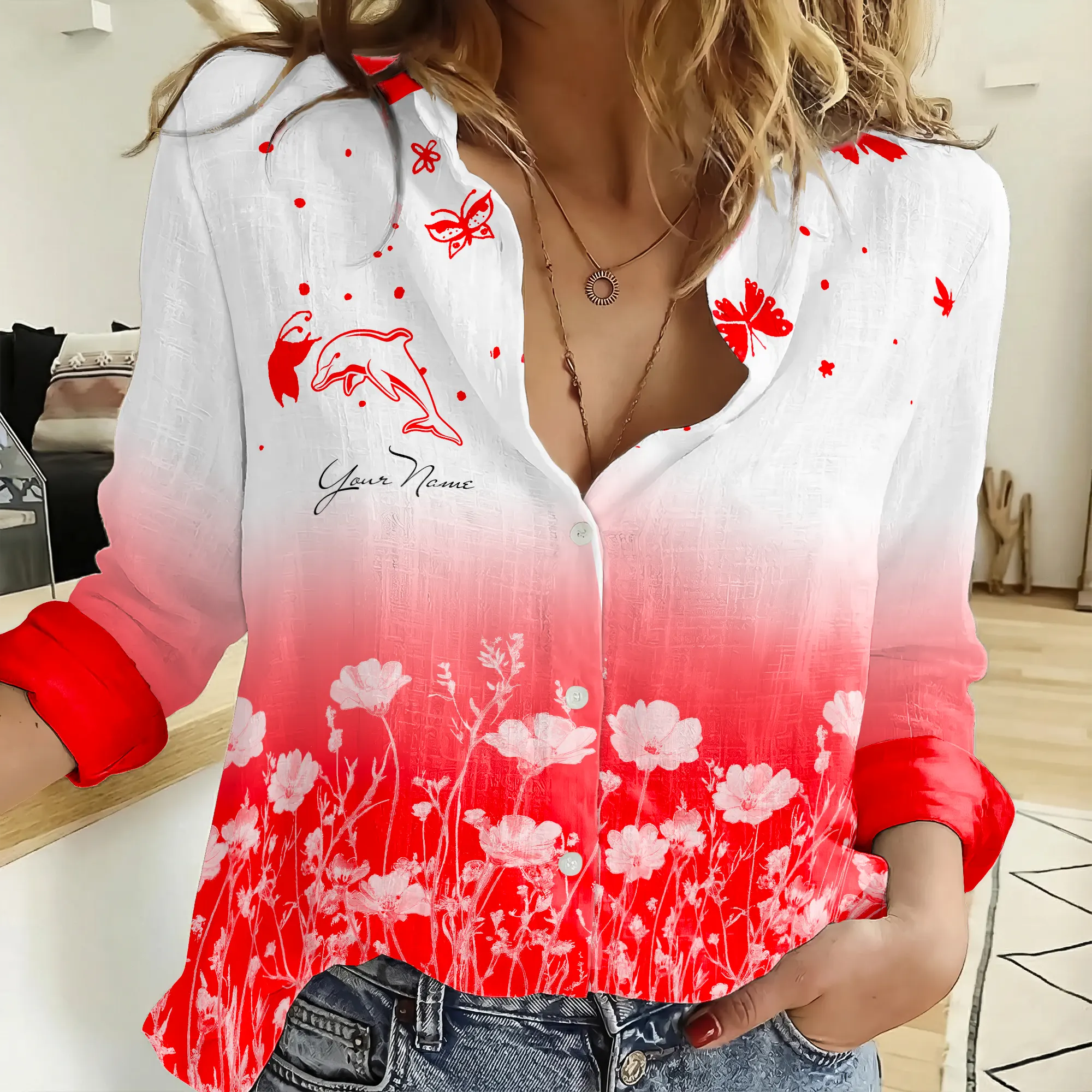 Auspiritmerch Dolphins Personalized Women’s Casual Shirt Gift For Fans