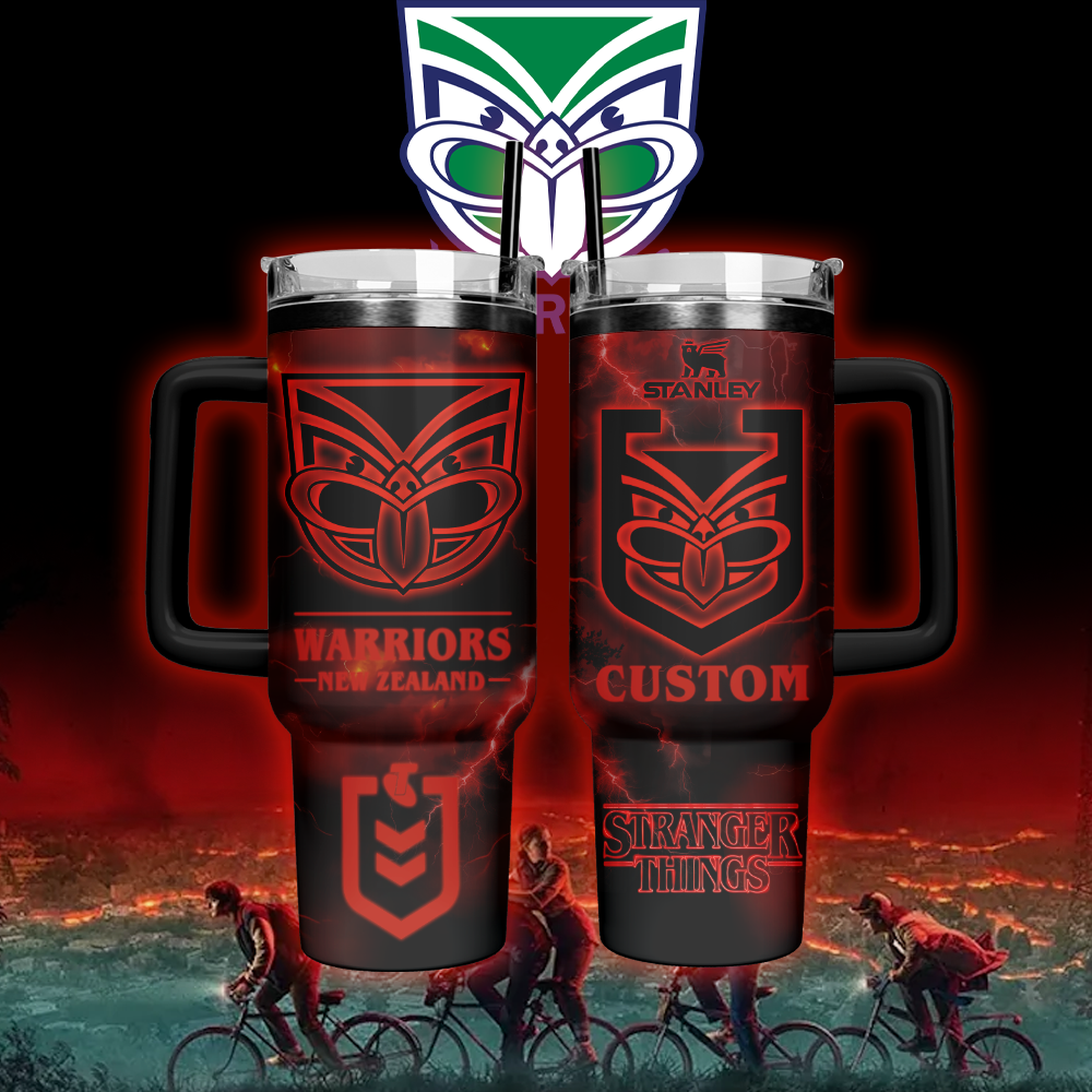 Auspiritmerch New Zealand Warriors x Stranger Things Custom Stanley Quencher 40oz Stainless Steel Tumbler With Handle