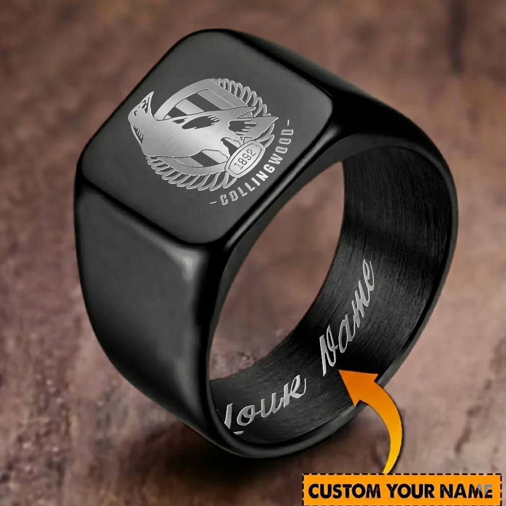 Auspiritmerch Collingwood Magpies Personalized Stainless Steel Letters Engraved Ring For Man