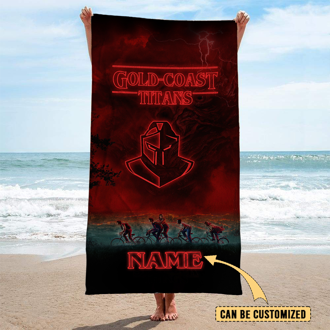 Auspiritmerch Gold Coast Titans x Stranger Things Personalized Pool Travel Beach and Bath Towels for Kids and Adult