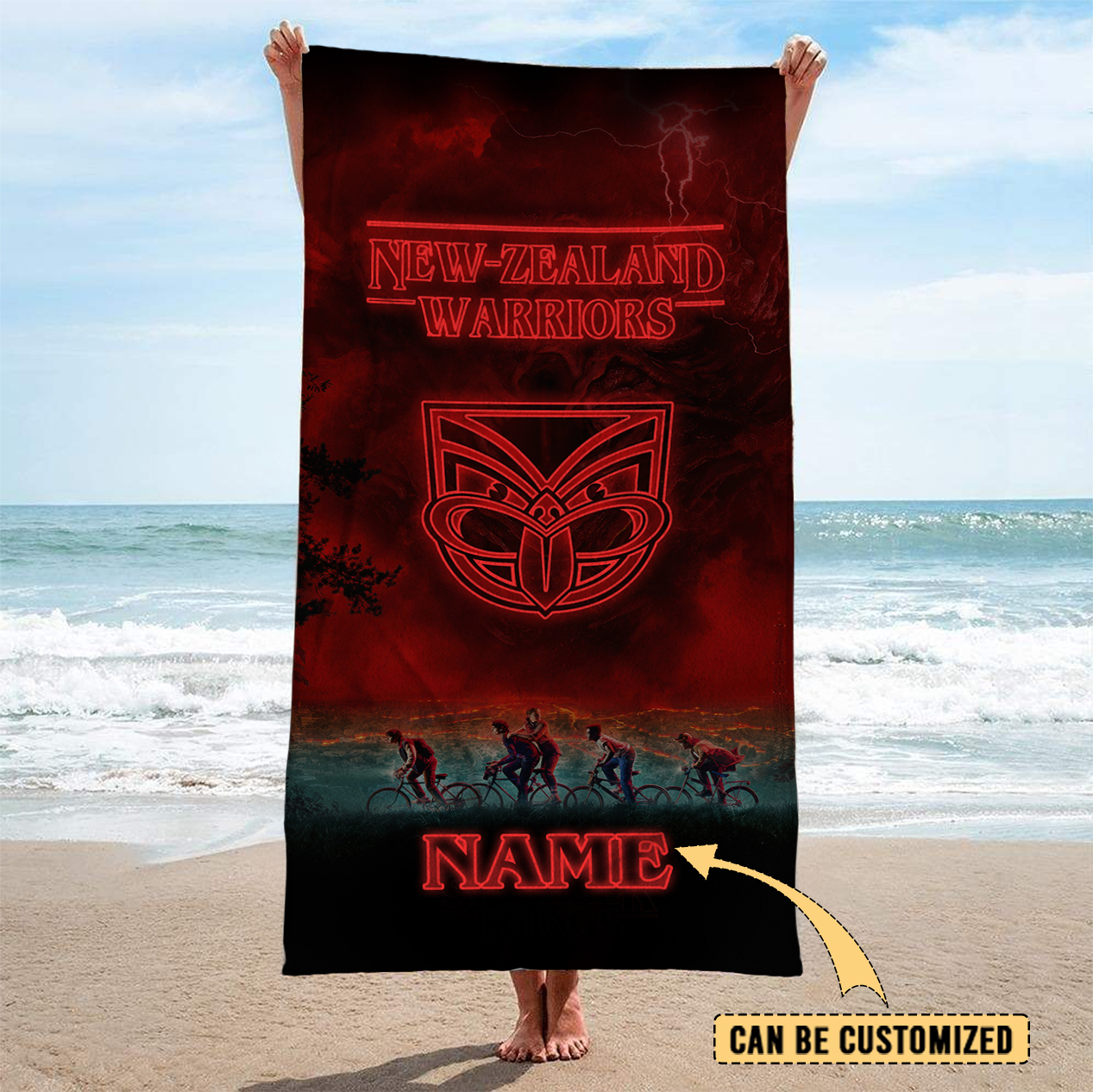 Auspiritmerch New Zealand Warriors x Stranger Things Personalized Pool Travel Beach and Bath Towels for Kids and Adult