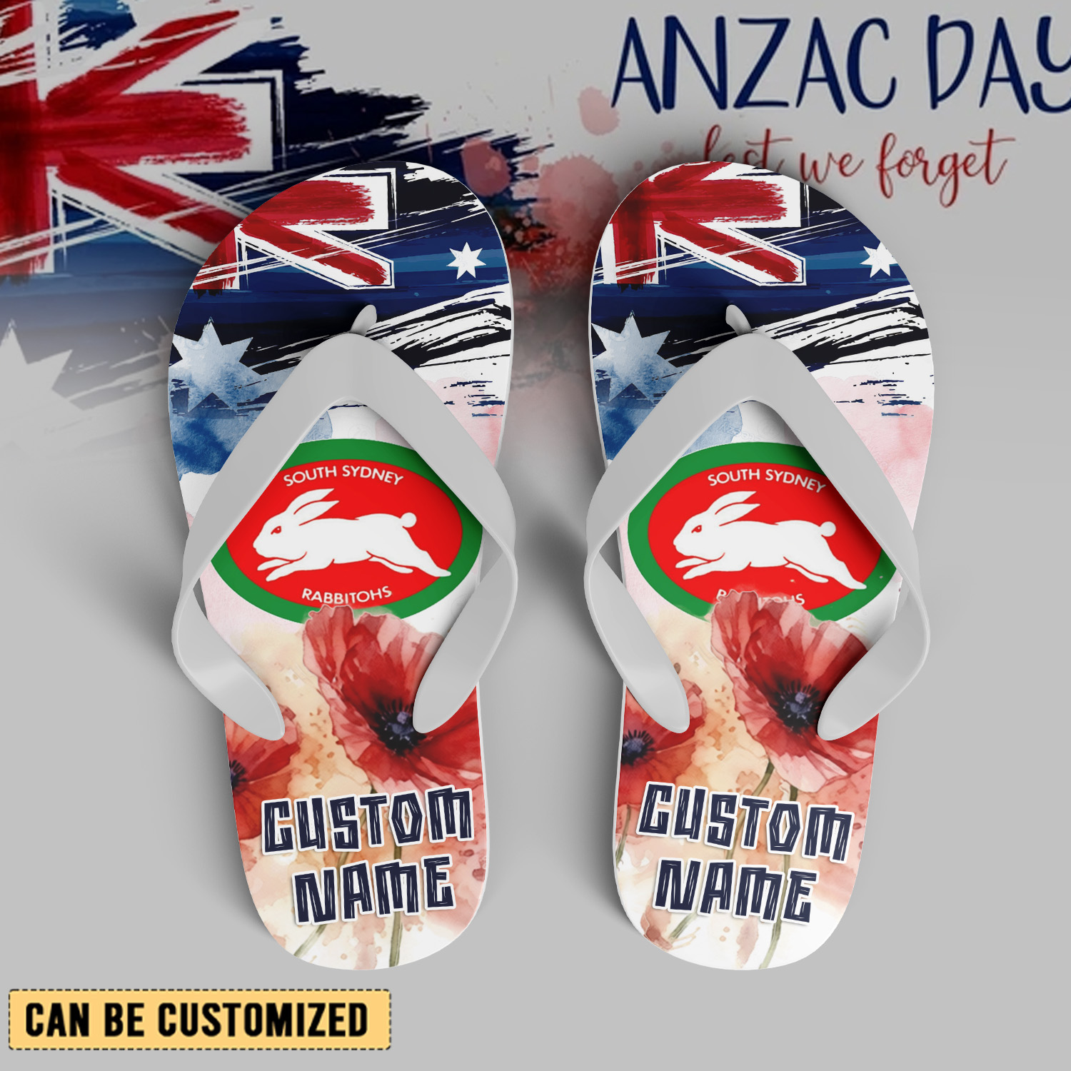 Auspiritmerch South Sydney Rabbitohs x Anzac Day Personalized Flip Flops Gift For Fans