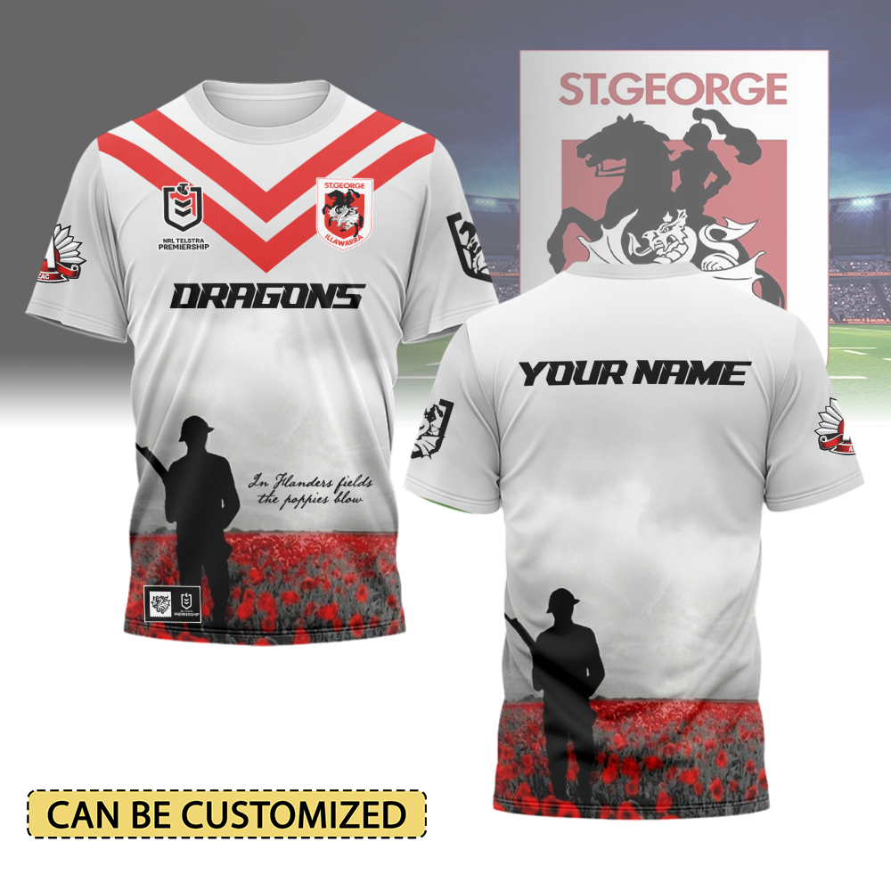 Auspiritmerch St. George Illawarra Dragons x Anzac Day Personalized T Shirt Gift For Fans