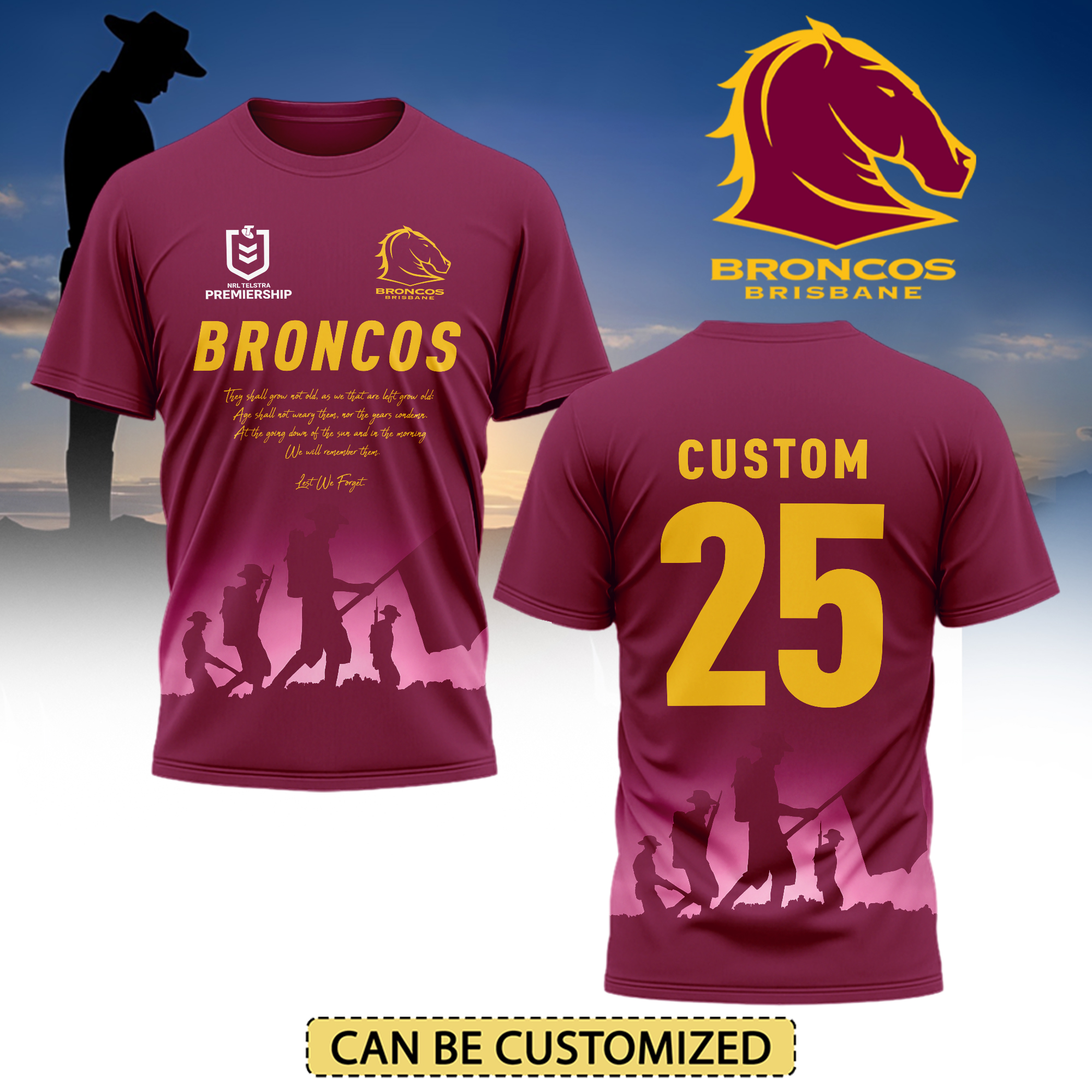 Auspiritmerch Brisbane Broncos x Anzac Day Personalized T Shirt Gift For Fans