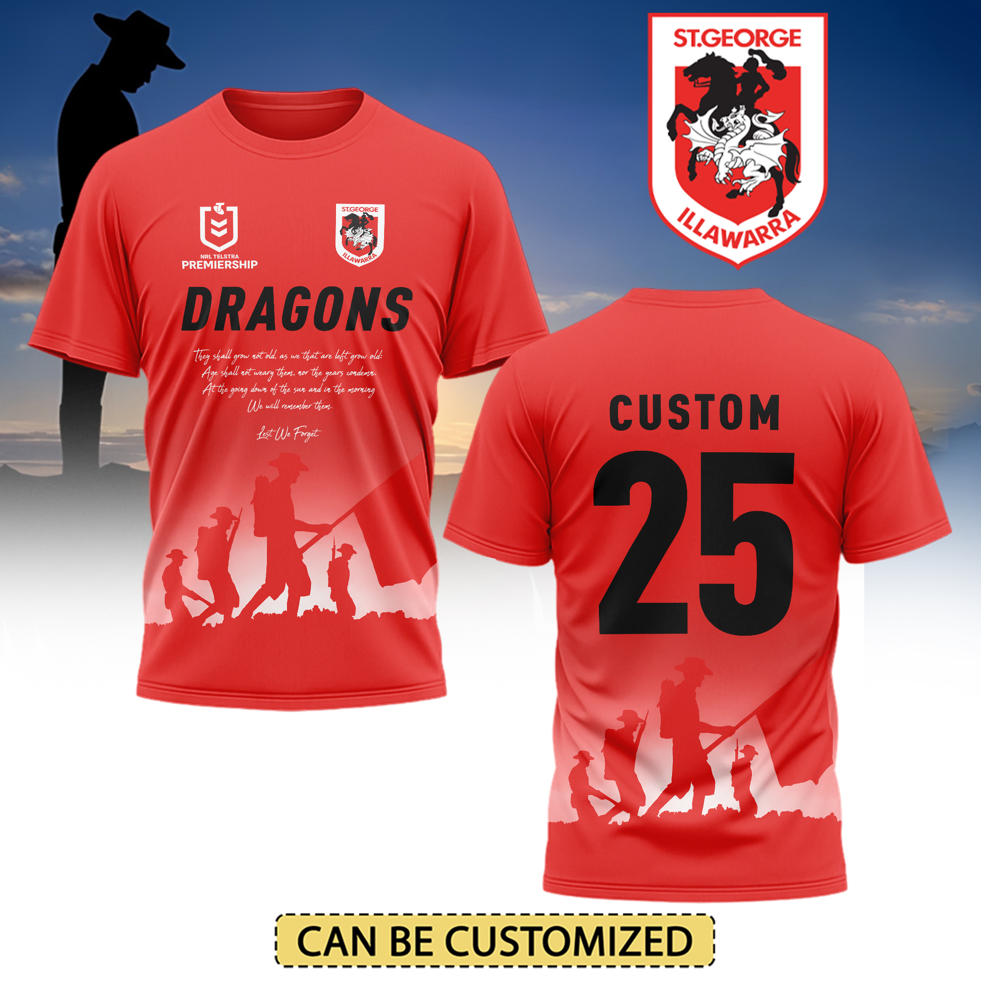 Auspiritmerch St. George Illawarra Dragons x Anzac Day Personalized T Shirt Gift For Fans