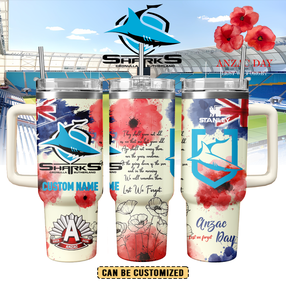 Auspiritmerch Cronulla-Sutherland Sharks x Anzac Day Custom Stanley Quencher 40oz Stainless Steel Tumbler With Handle