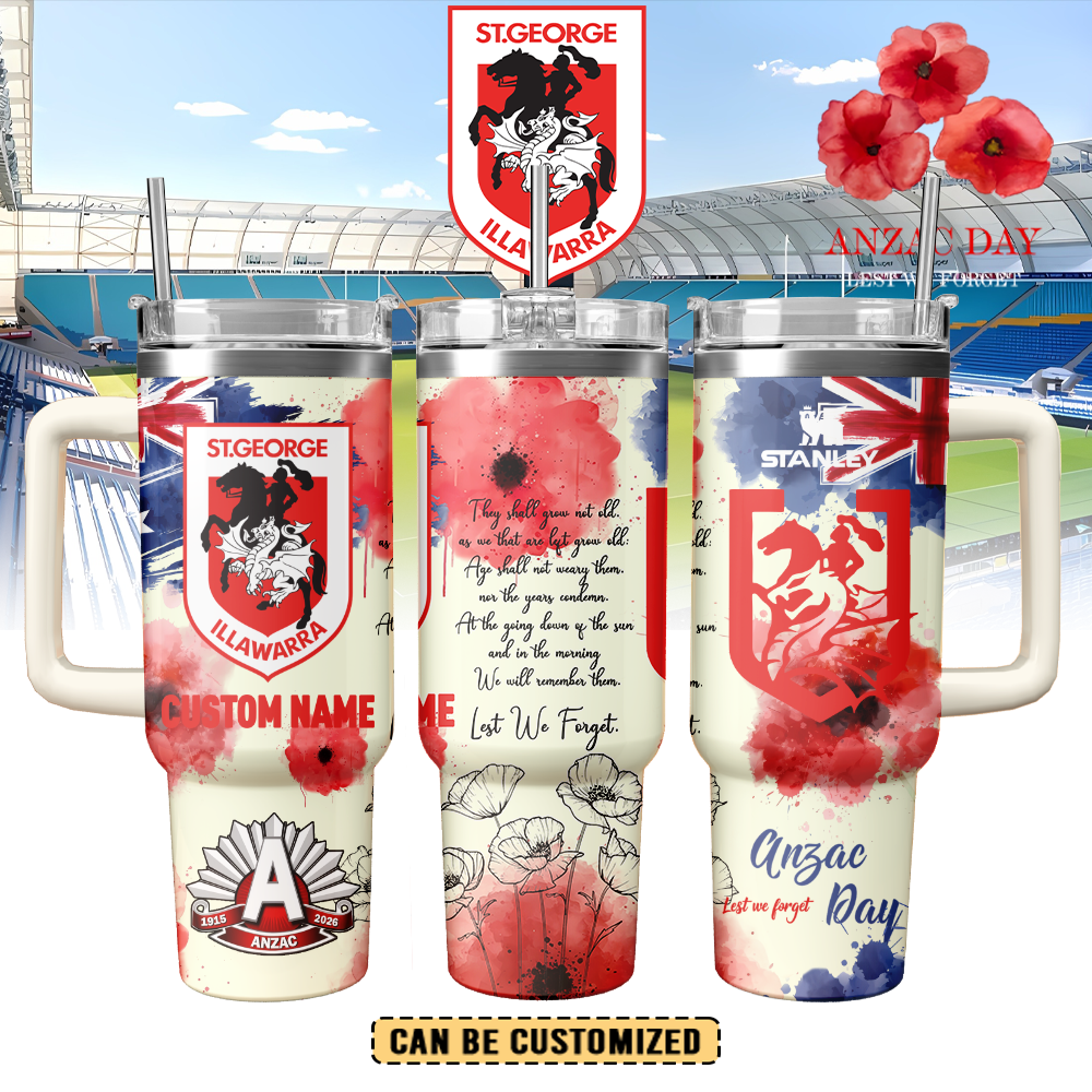 Auspiritmerch St. George Illawarra Dragons x Anzac Day Custom Stanley Quencher 40oz Stainless Steel Tumbler With Handle