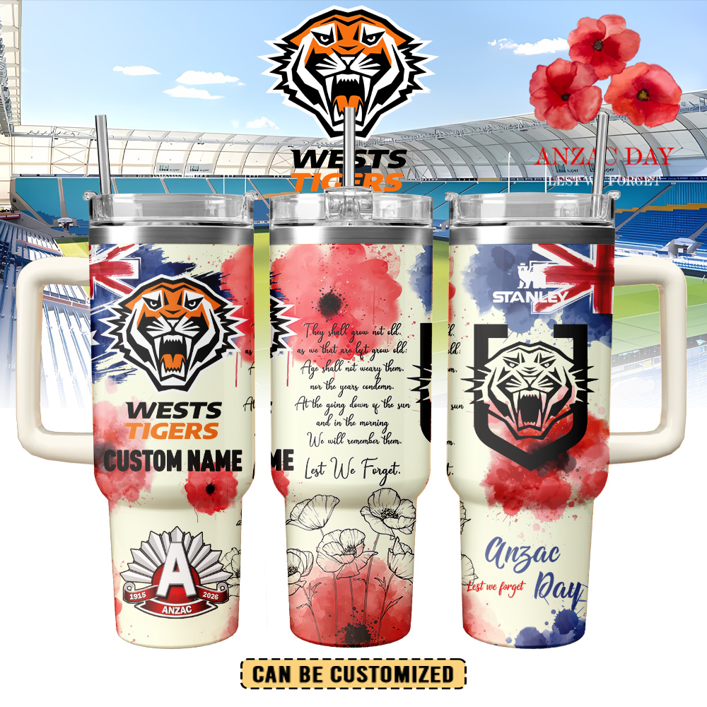 Auspiritmerch Wests Tigers x Anzac Day Custom Stanley Quencher 40oz Stainless Steel Tumbler With Handle