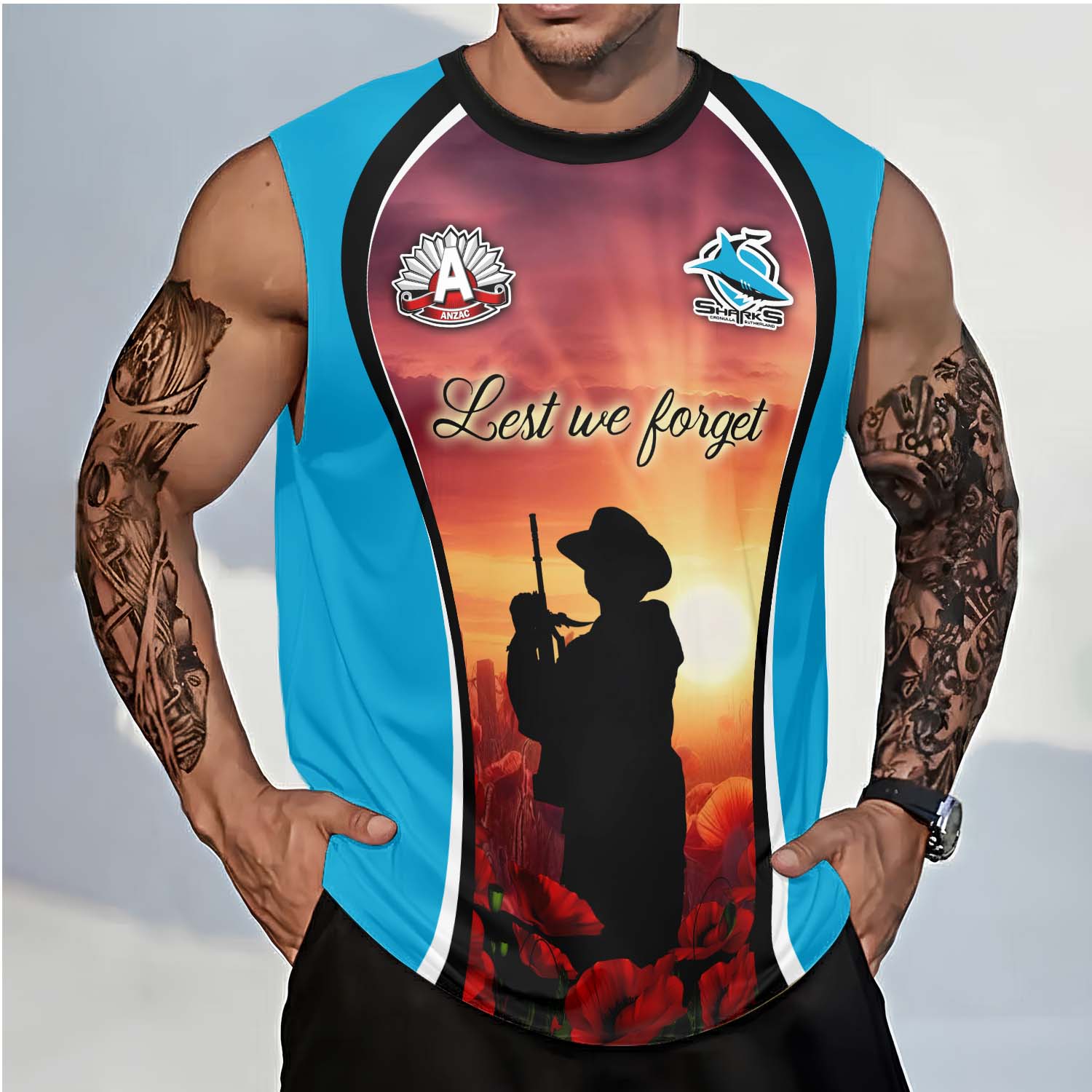 Auspiritmerch Cronulla-Sutherland Sharks x Anzac Day Personalized Tank Top Gift For Fans