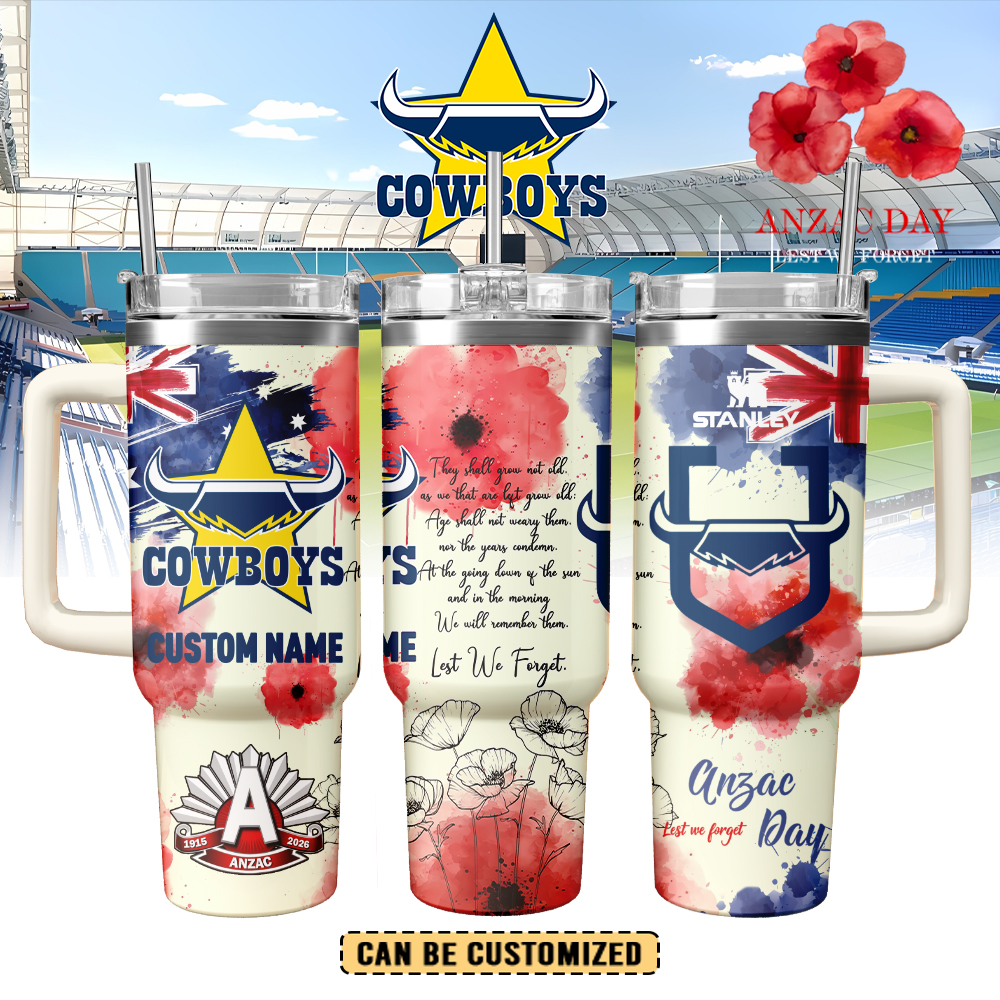 Auspiritmerch North Queensland Cowboys x Anzac Day Custom Stanley Quencher 40oz Stainless Steel Tumbler With Handle