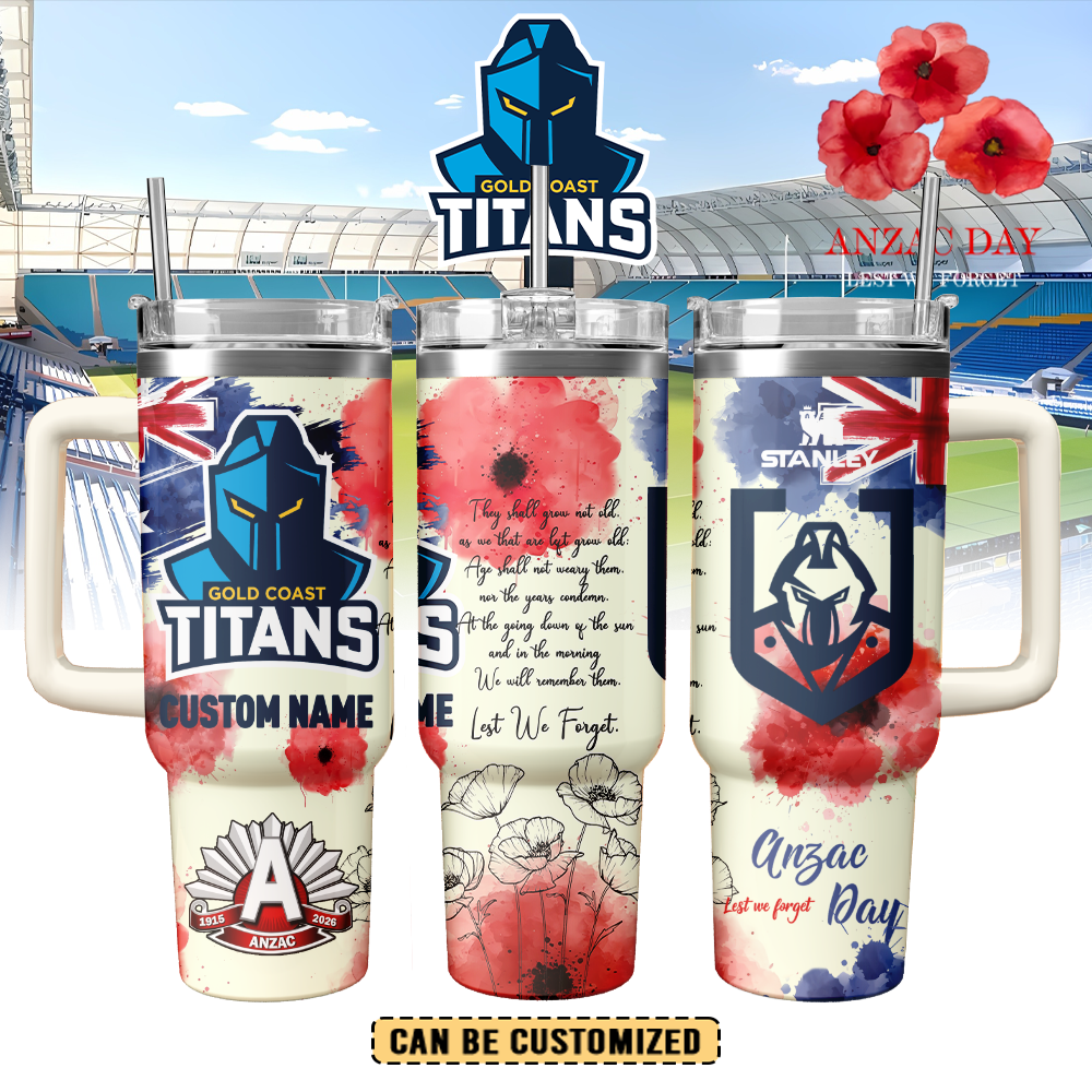 Auspiritmerch Gold Coast Titans x Anzac Day Custom Stanley Quencher 40oz Stainless Steel Tumbler With Handle