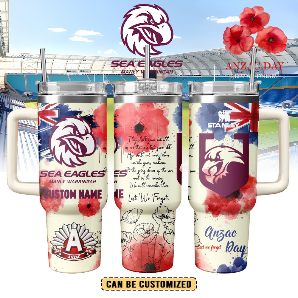 Auspiritmerch Manly Warringah Sea Eagles x Anzac Day Custom Stanley Quencher 40oz Stainless Steel Tumbler With Handle