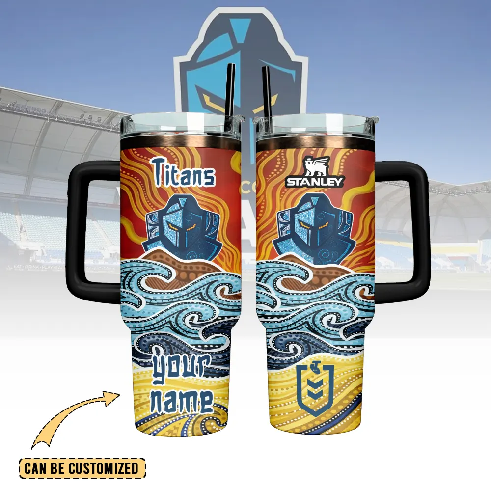 Auspiritmerch Gold Coast Titans Custom Stanley Quencher 40oz Stainless Steel Tumbler With Handle