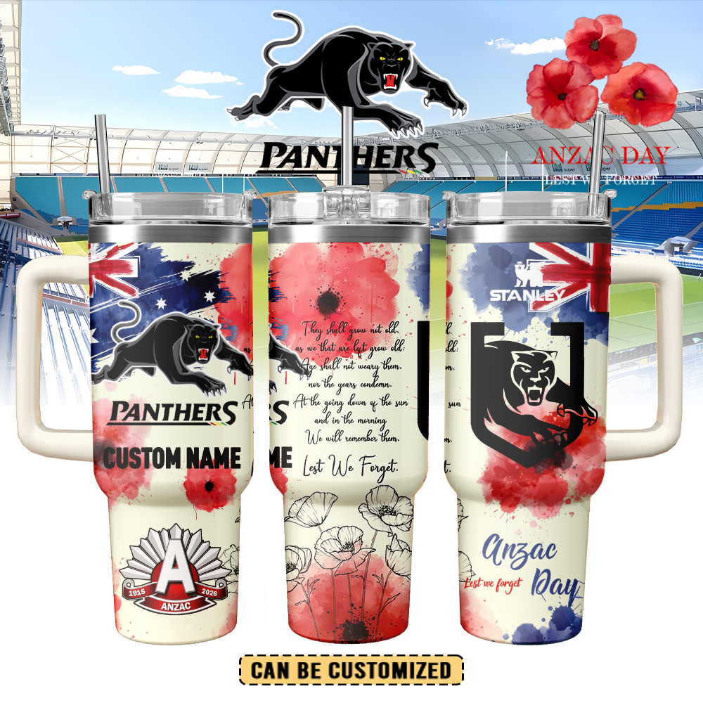 Auspiritmerch Penrith Panthers x Anzac Day Custom Stanley Quencher 40oz Stainless Steel Tumbler With Handle