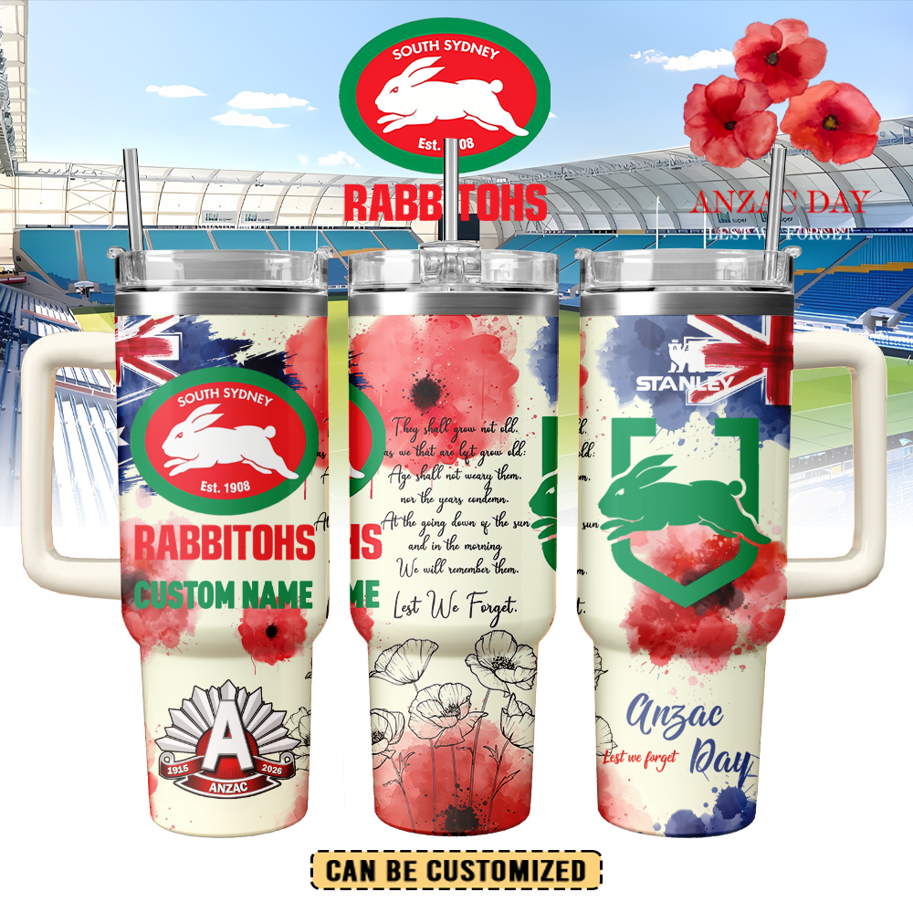 Auspiritmerch South Sydney Rabbitohs x Anzac Day Custom Stanley Quencher 40oz Stainless Steel Tumbler With Handle