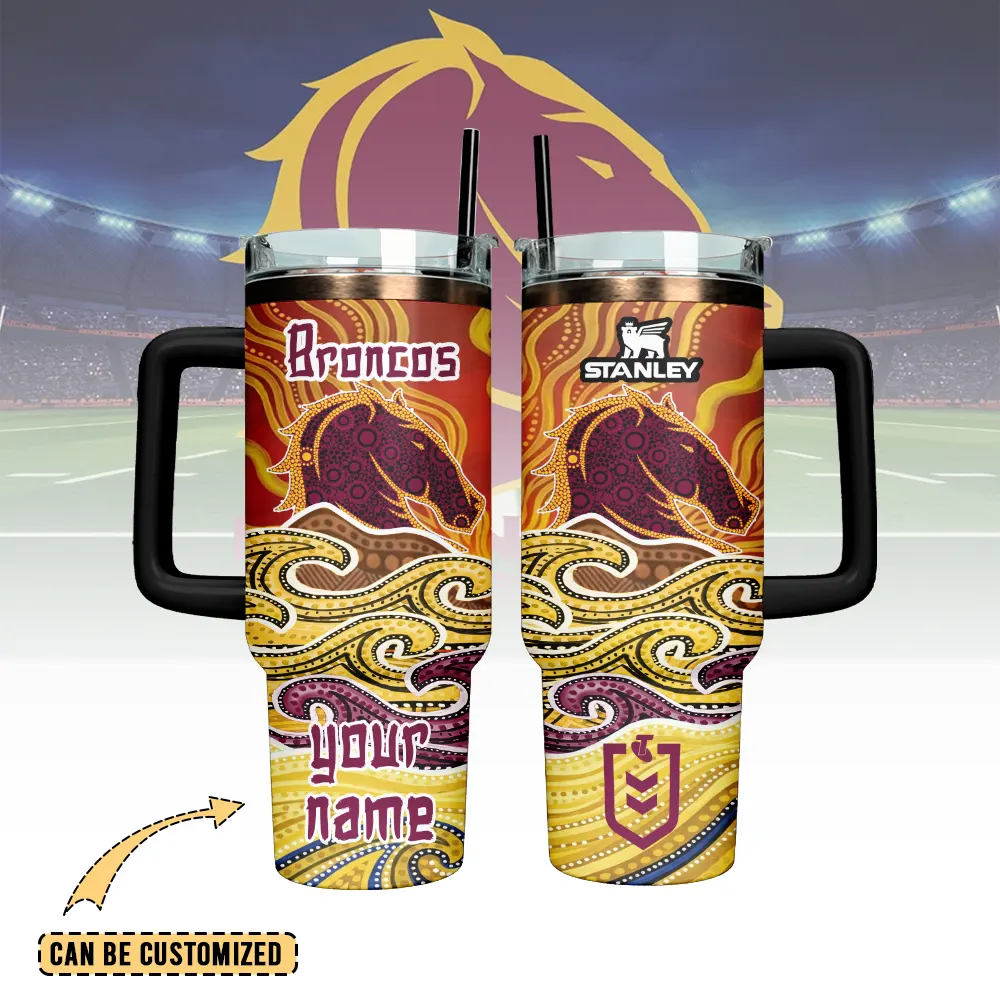 Auspiritmerch Brisbane Broncos Custom Stanley Quencher 40oz Stainless Steel Tumbler With Handle