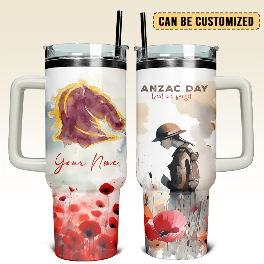 Auspiritmerch Brisbane Broncos x Anzac Day Custom Stanley Quencher 40oz Stainless Steel Tumbler With Handle