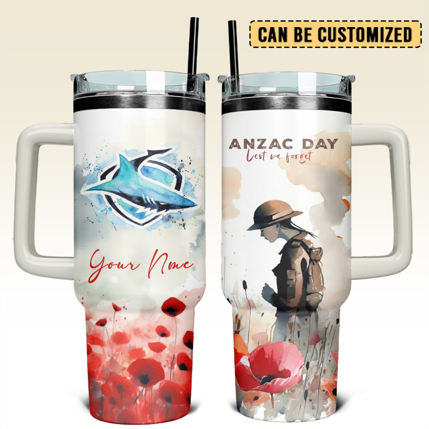 Auspiritmerch Cronulla-Sutherland Sharks x Anzac Day Custom Stanley Quencher 40oz Stainless Steel Tumbler With Handle