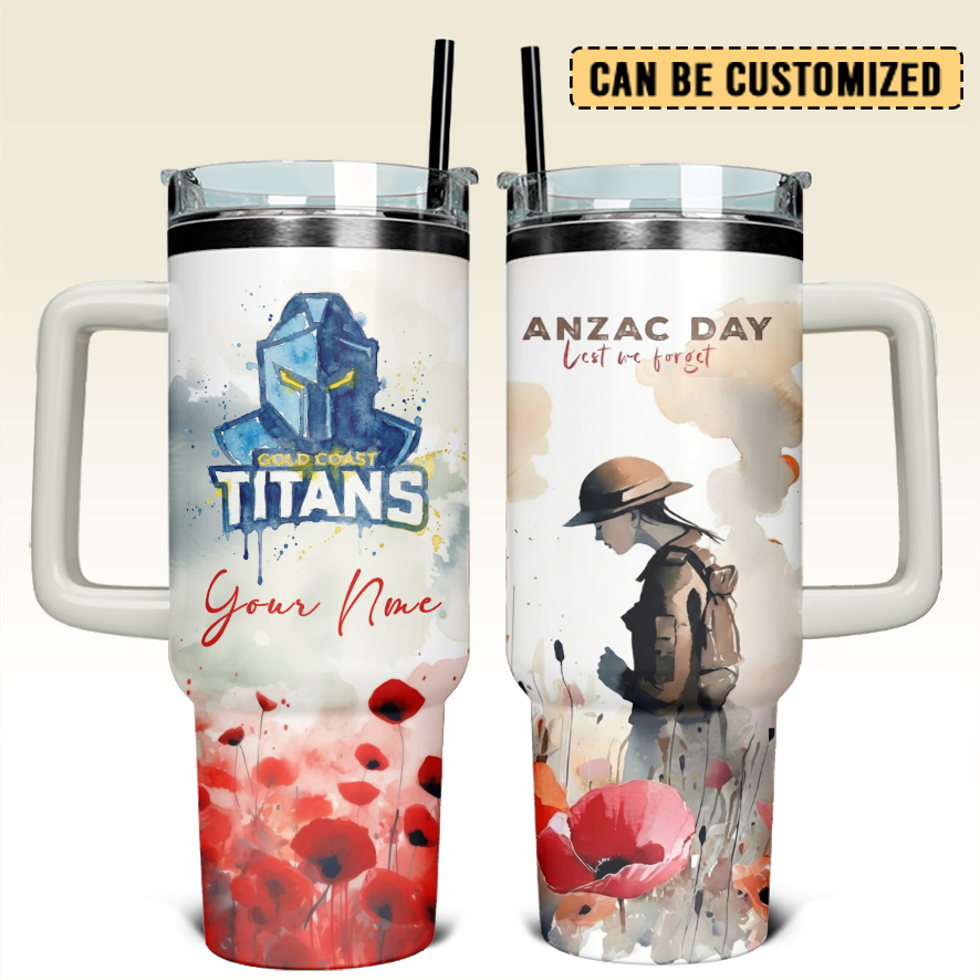 Auspiritmerch Gold Coast Titans x Anzac Day Custom Stanley Quencher 40oz Stainless Steel Tumbler With Handle