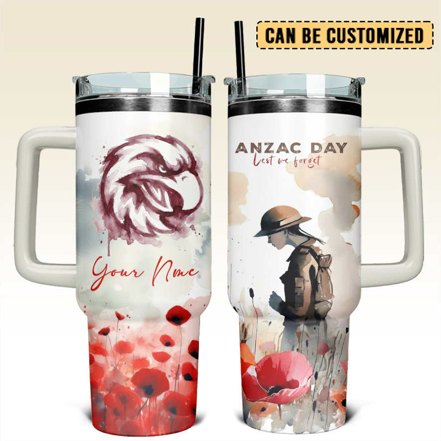 Auspiritmerch Manly Warringah Sea Eagles x Anzac Day Custom Stanley Quencher 40oz Stainless Steel Tumbler With Handle