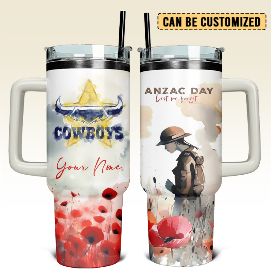 Auspiritmerch North Queensland Cowboys x Anzac Day Custom Stanley Quencher 40oz Stainless Steel Tumbler With Handle