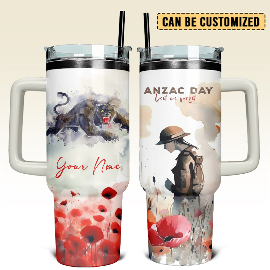 Auspiritmerch Penrith Panthers x Anzac Day Custom Stanley Quencher 40oz Stainless Steel Tumbler With Handle